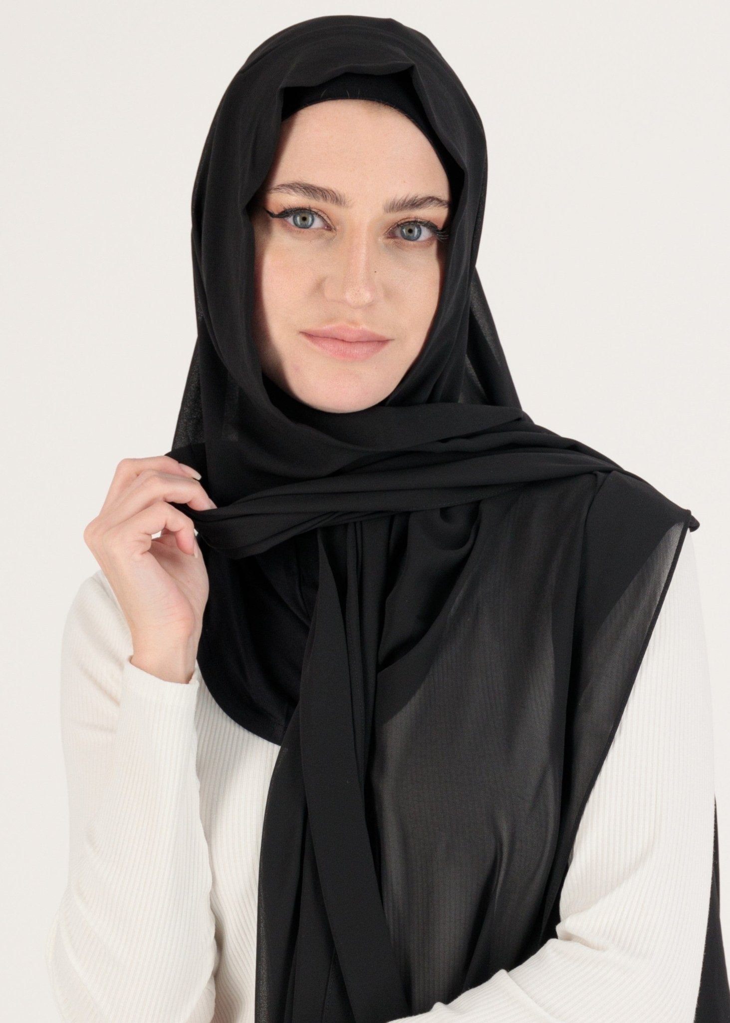 Chiffon Hijab With Stitched full Neck Cotton Undercap | Instant Hijab | Black - MOLLTE