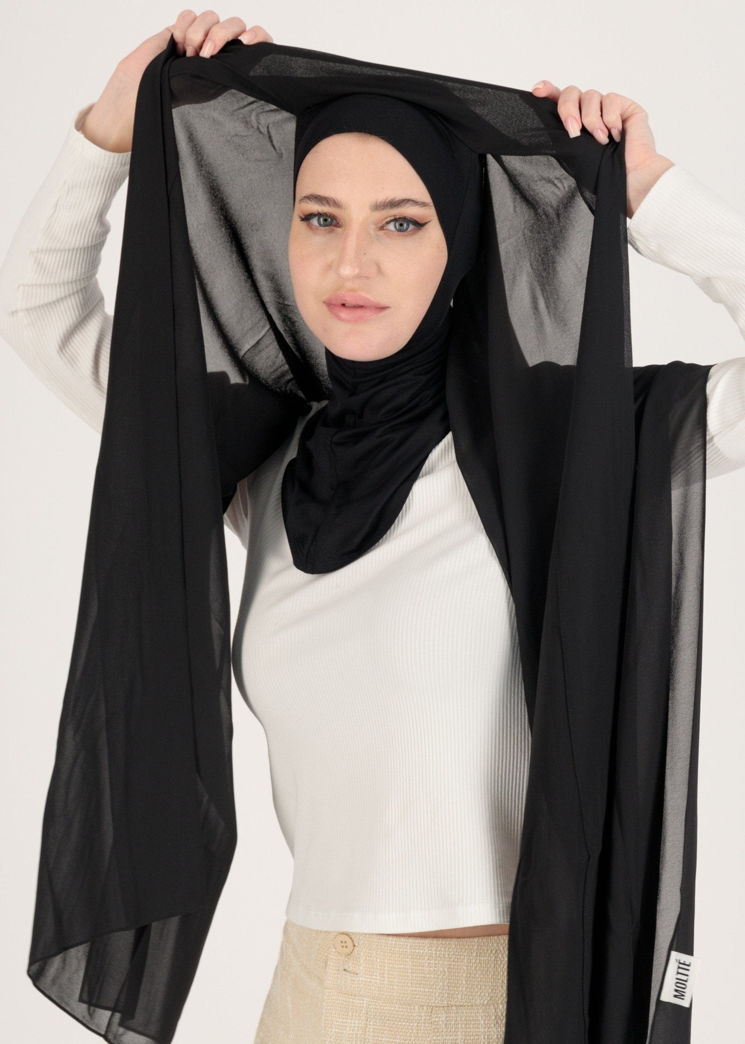 Chiffon Hijab With Stitched full Neck Cotton Undercap | Instant Hijab | Black - MOLLTE