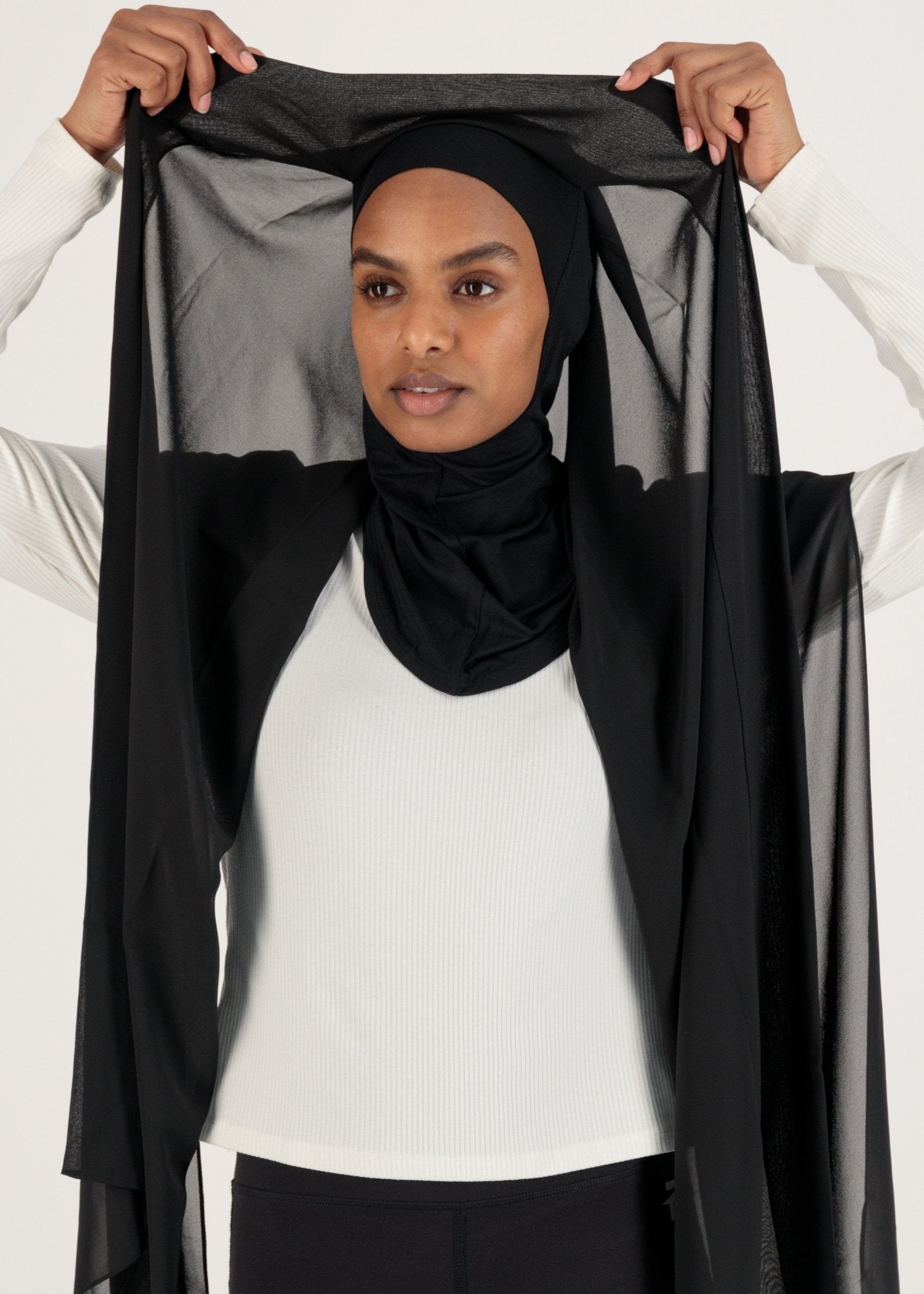 Chiffon Hijab With Stitched full Neck Cotton Undercap | Instant Hijab | Black - MOLLTE
