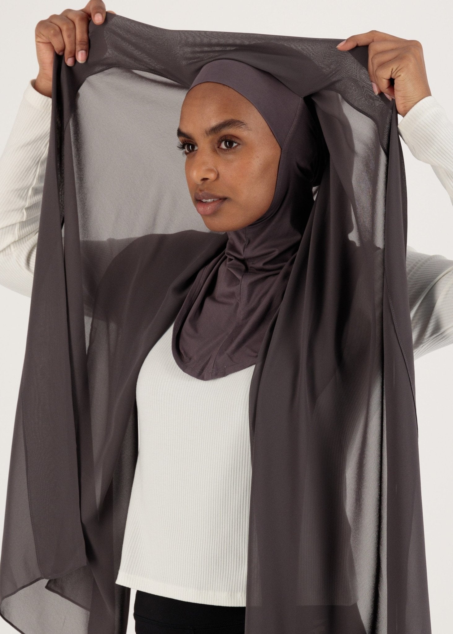 Chiffon Hijab With Stitched full Neck Cotton Undercap | Instant Hijab | Charcoal gray - MOLLTE