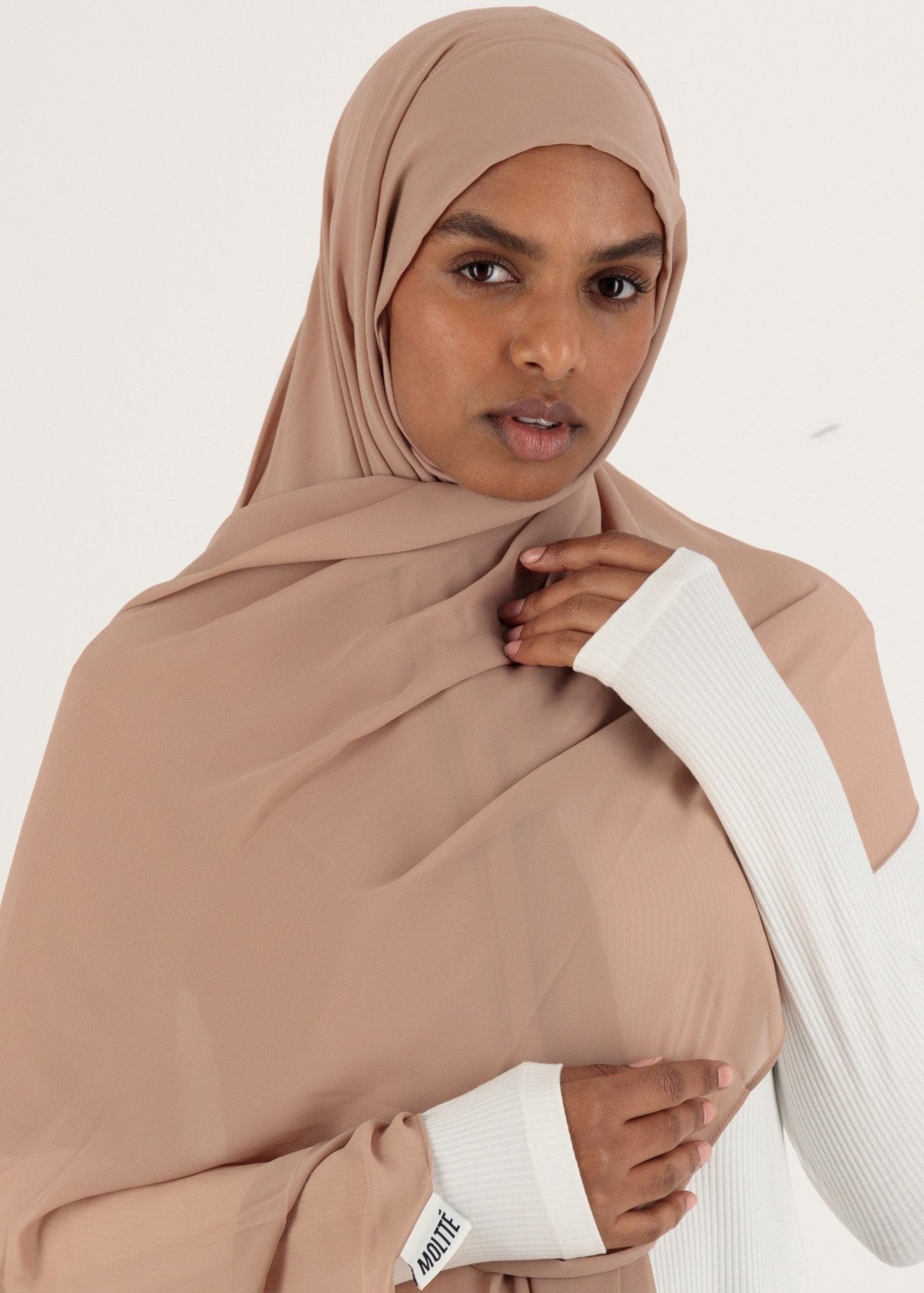 Chiffon Hijab With Stitched full Neck Cotton Undercap | Instant Hijab | Desert Sand - MOLLTE