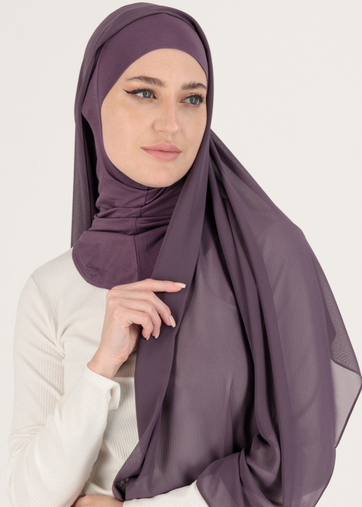Chiffon Hijab With Stitched full Neck Cotton Undercap | Instant Hijab | dusty plum - MOLLTE