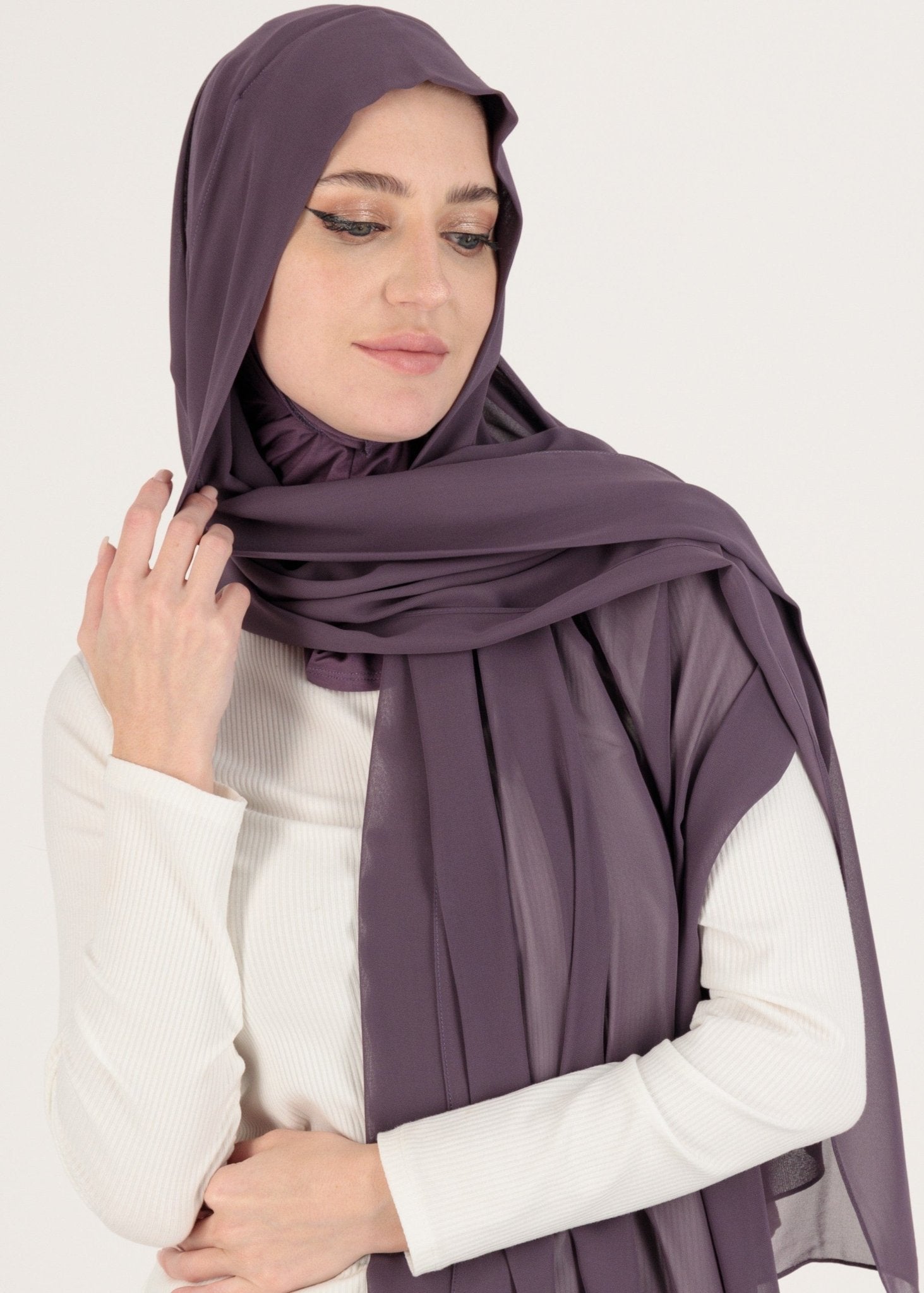 Chiffon Hijab With Stitched full Neck Cotton Undercap | Instant Hijab | dusty plum - MOLLTE