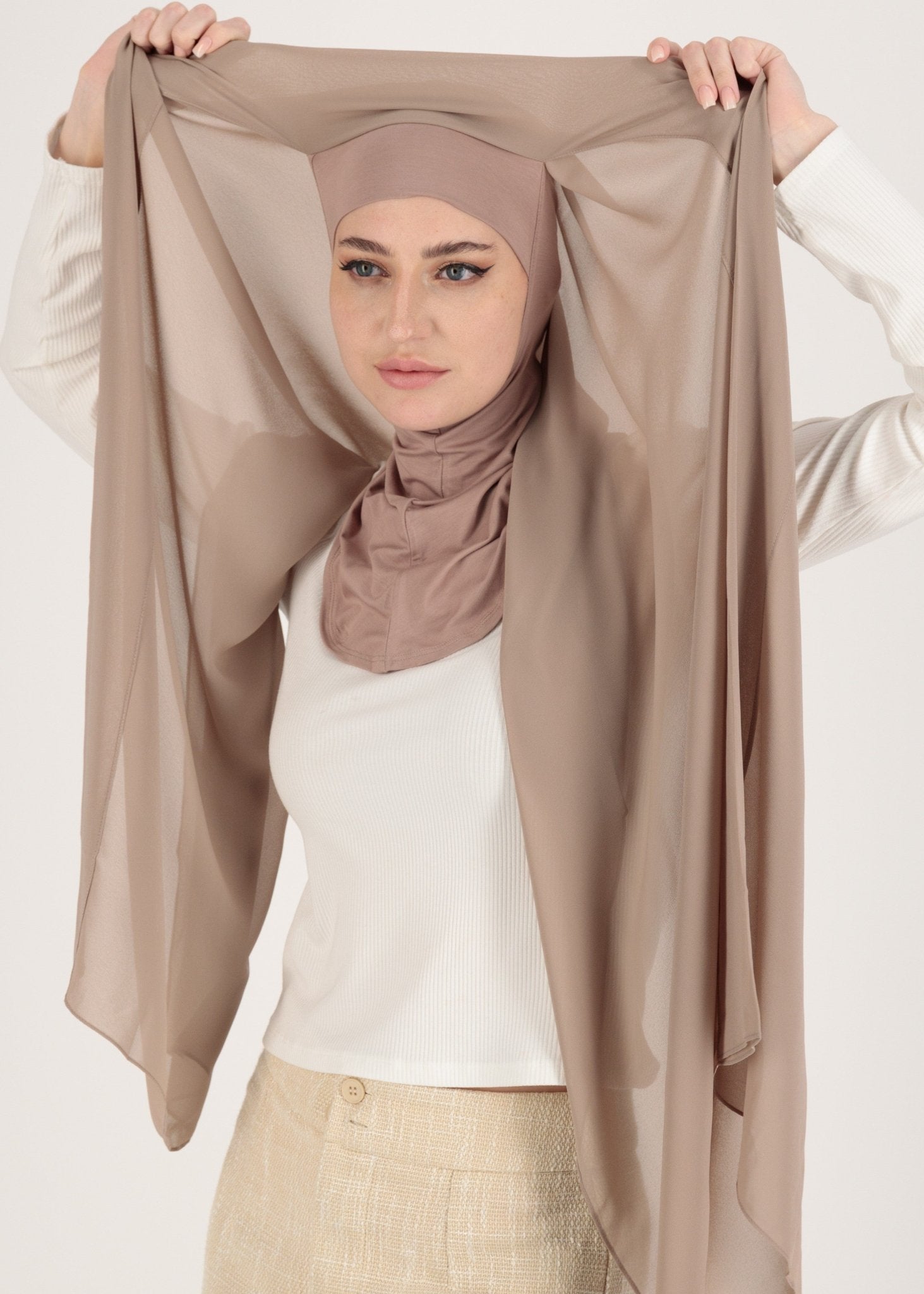 Chiffon Hijab With Stitched full Neck Cotton Undercap | Instant Hijab | Dusty rosewood - MOLLTE