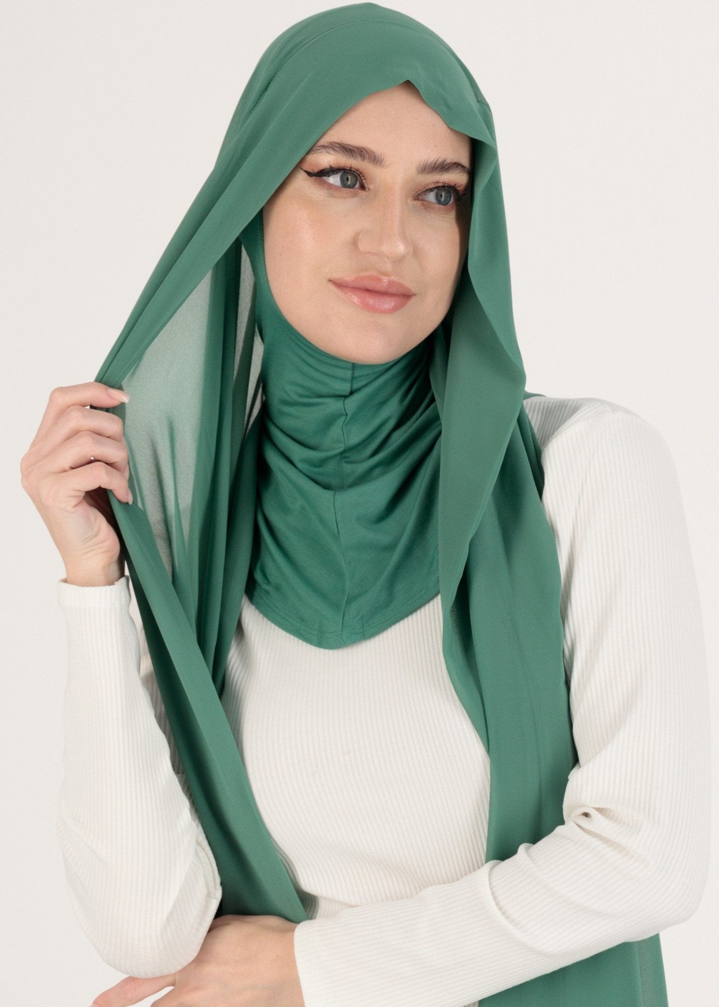 Chiffon Hijab With Stitched full Neck Cotton Undercap | Instant Hijab | Green - MOLLTE