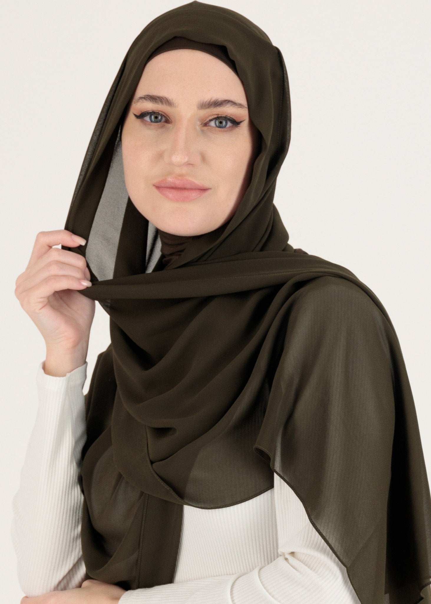 Chiffon Hijab With Stitched full Neck Cotton Undercap | Instant Hijab | Green Kelp - MOLLTE