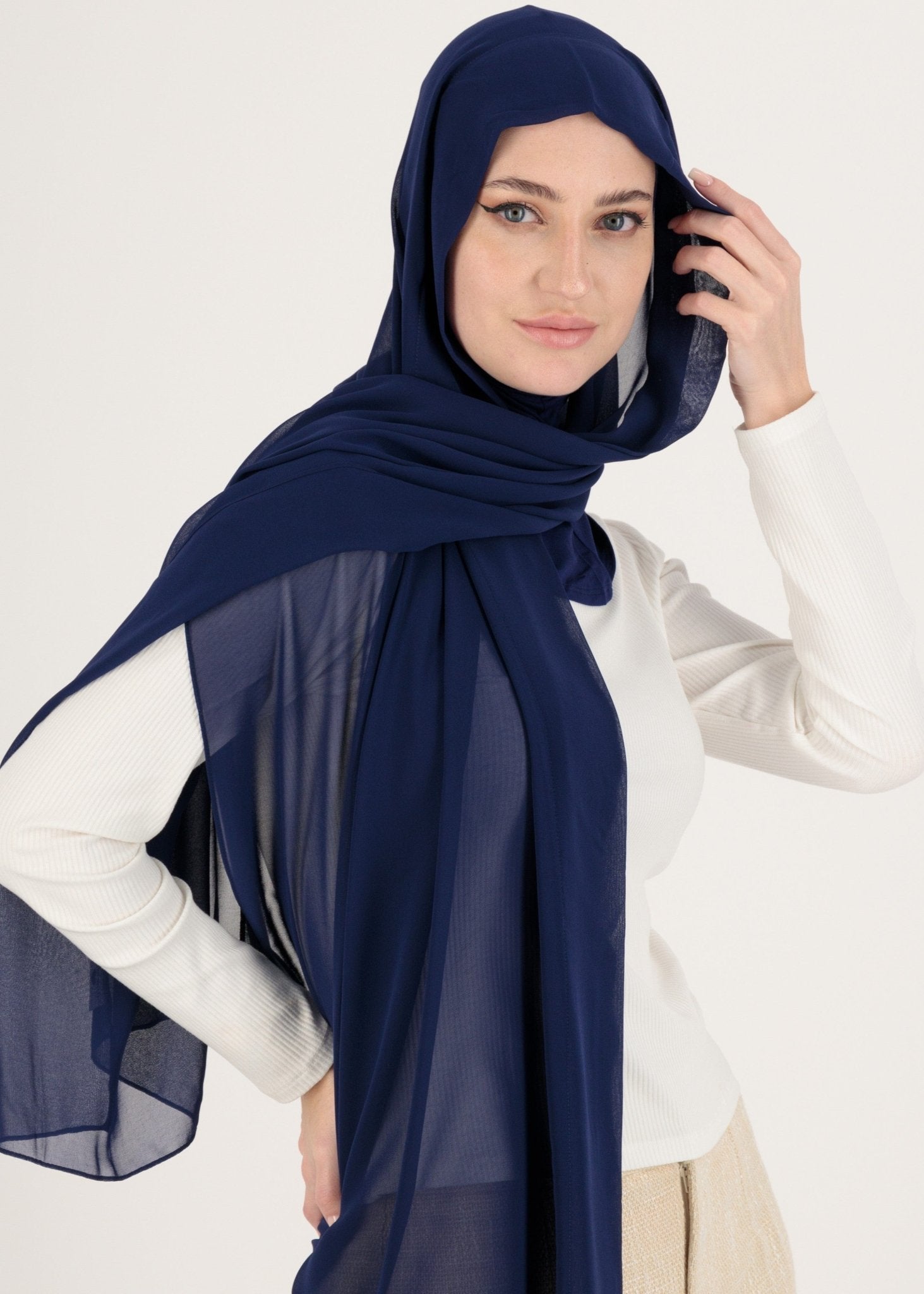 Chiffon Hijab With Stitched full Neck Cotton Undercap | Instant Hijab | Navy Blue - MOLLTE