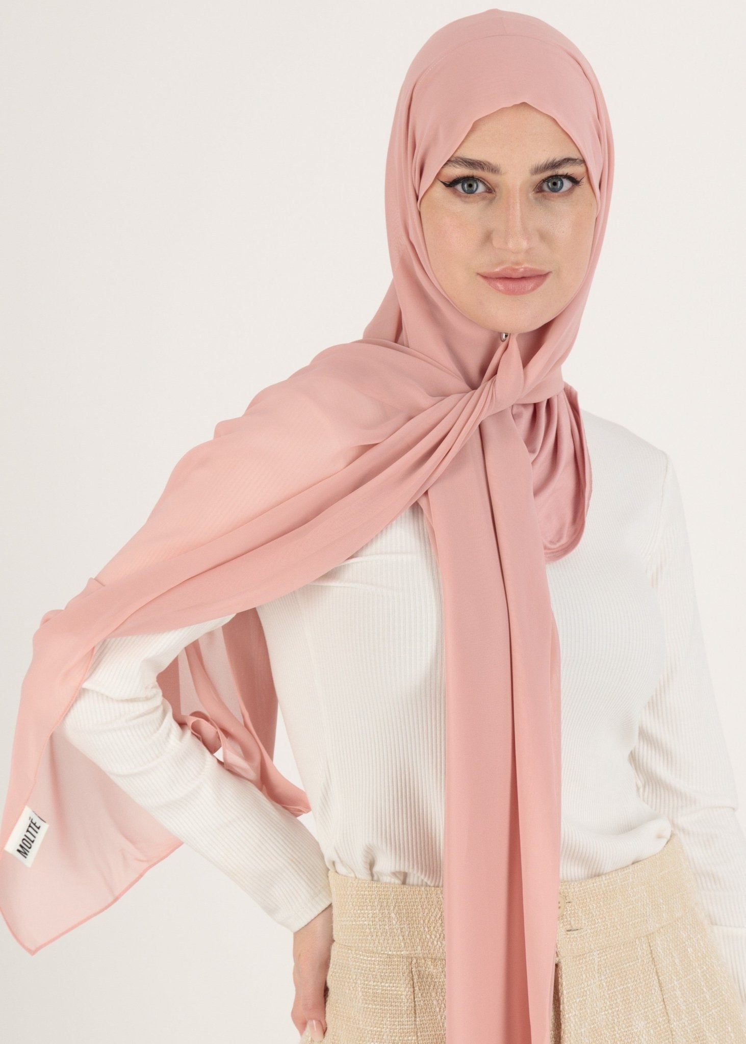 Chiffon Hijab With Stitched full Neck Cotton Undercap | Instant Hijab | Peachy pink - MOLLTE