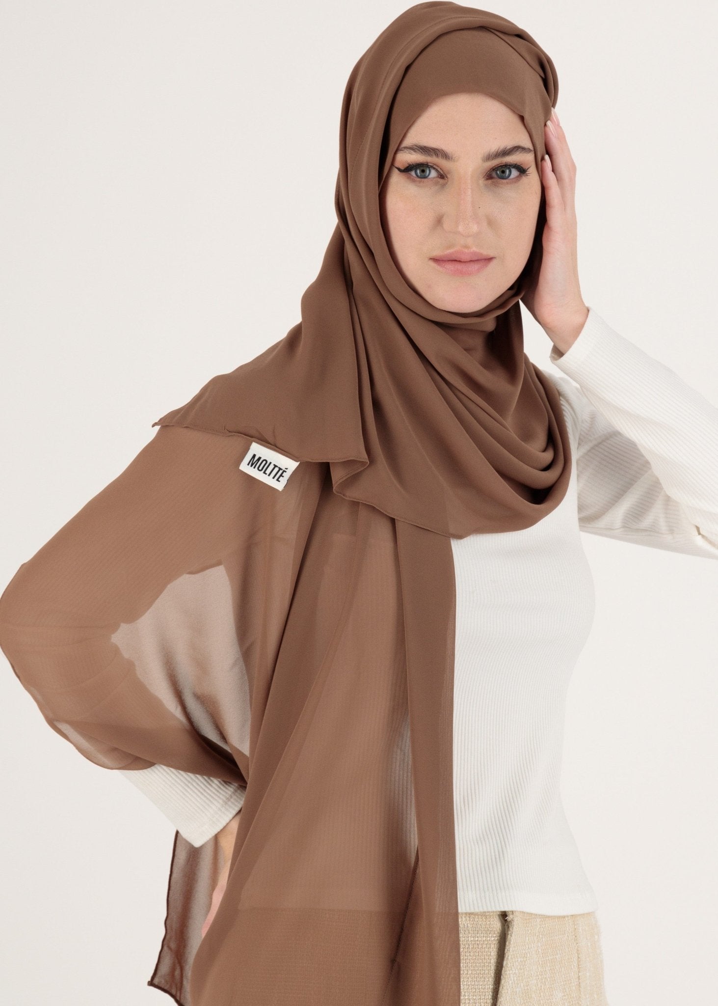 Chiffon Hijab With Stitched full Neck Cotton Undercap | Instant Hijab | Roasted Cocoa - MOLLTE