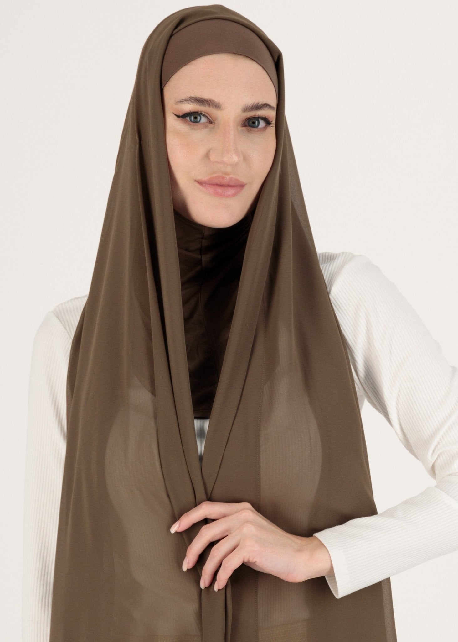 Chiffon Hijab With Stitched full Neck Cotton Undercap | Instant Hijab | Umber Brown - MOLLTE