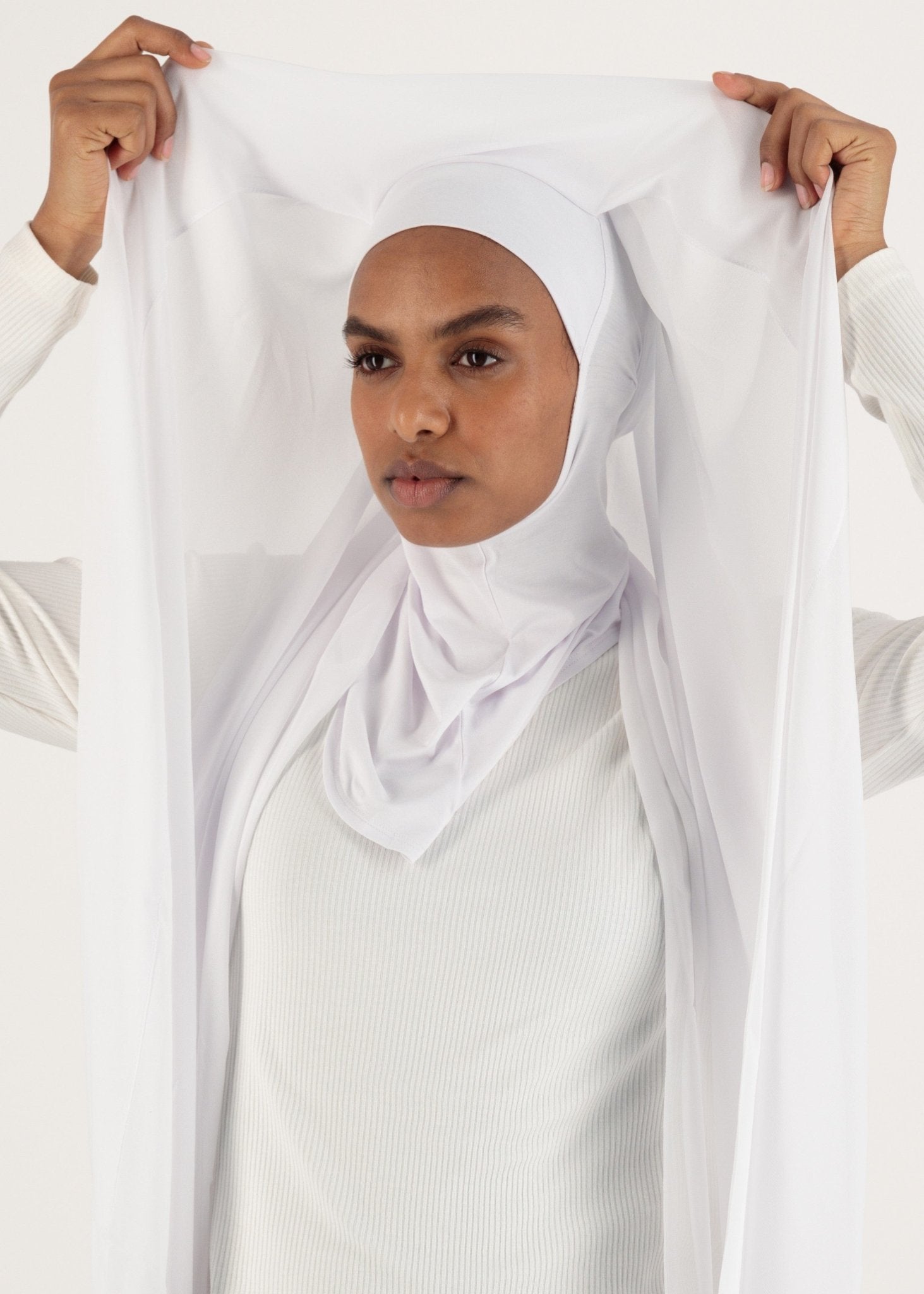 Chiffon Hijab With Stitched full Neck Cotton Undercap | Instant Hijab | White - MOLLTE
