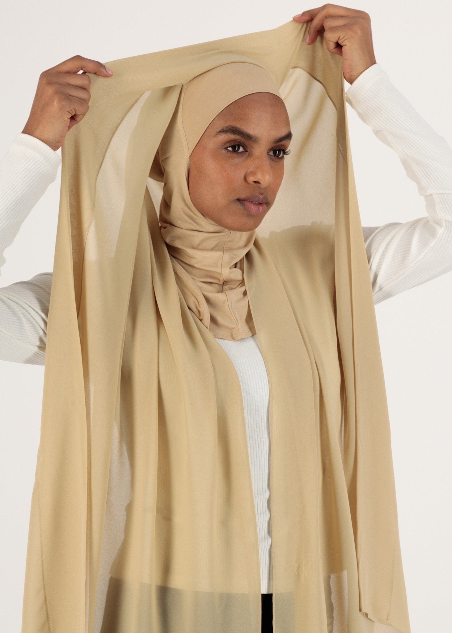 Chiffon Hijab With Stitched full Neck Cotton Undercap | Instant Hijab | Beige - MOLLTE