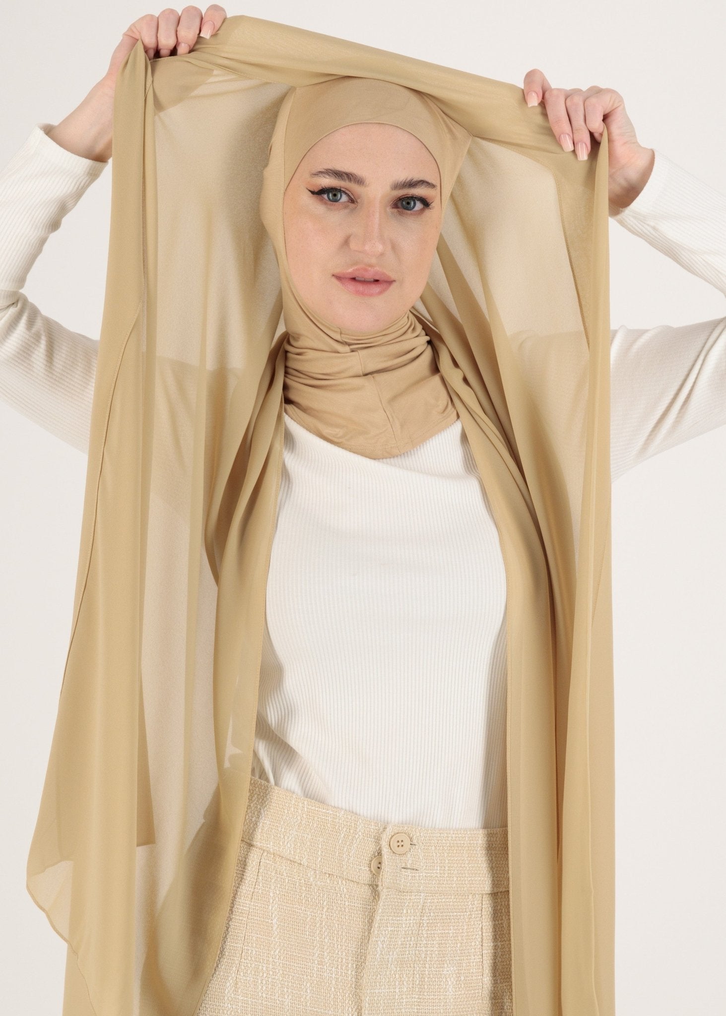 Chiffon Hijab With Stitched full Neck Cotton Undercap | Instant Hijab | Beige - MOLLTE