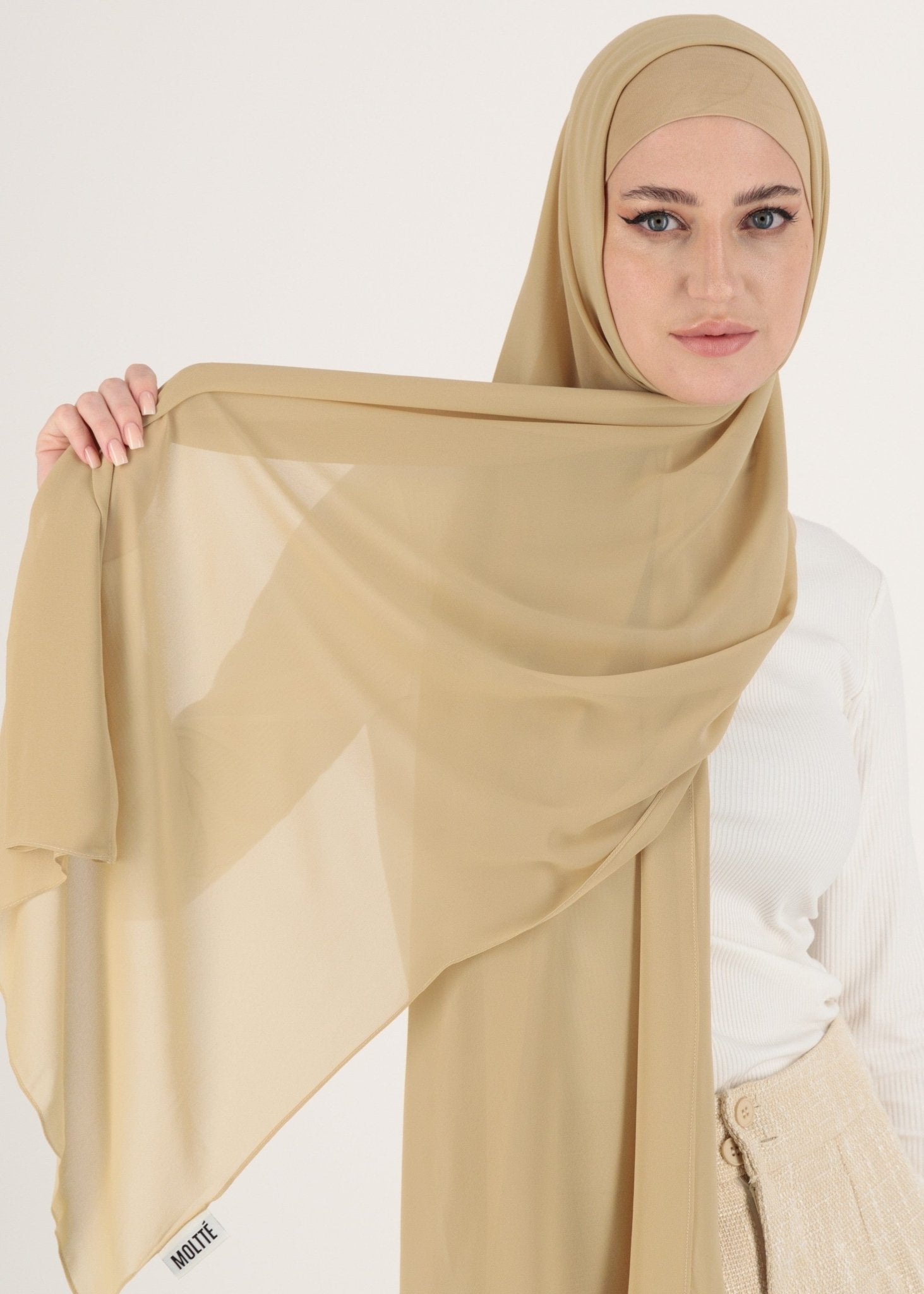 Chiffon Hijab With Stitched full Neck Cotton Undercap | Instant Hijab | Beige - MOLLTE