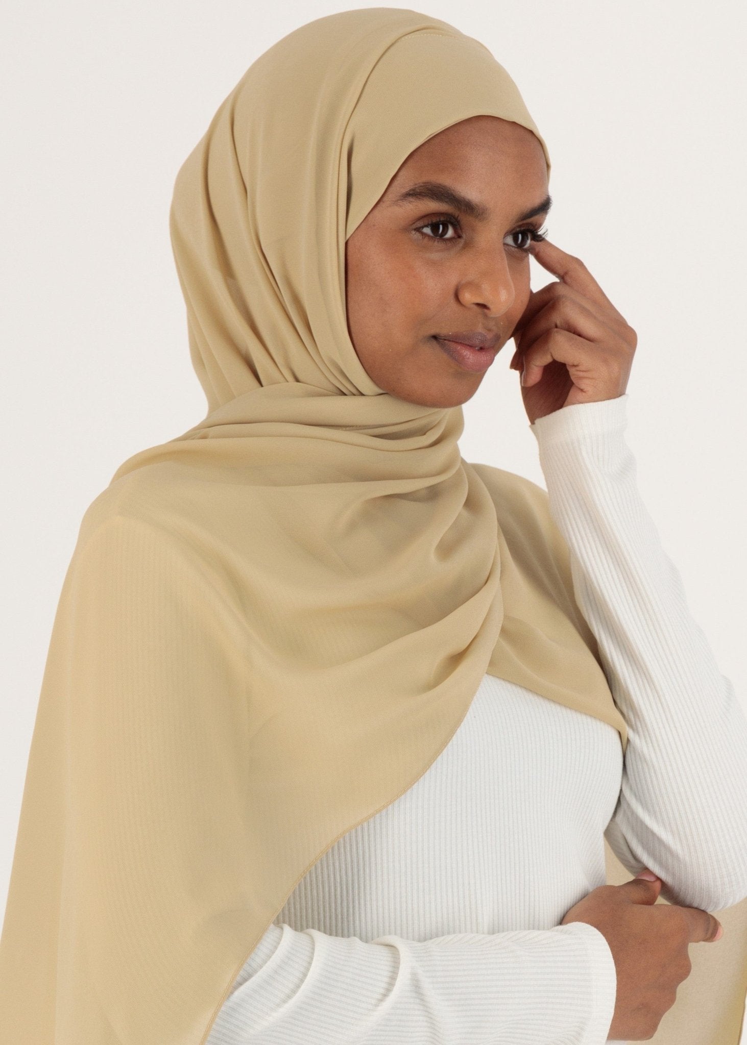 Chiffon Hijab With Stitched full Neck Cotton Undercap | Instant Hijab | Beige - MOLLTE