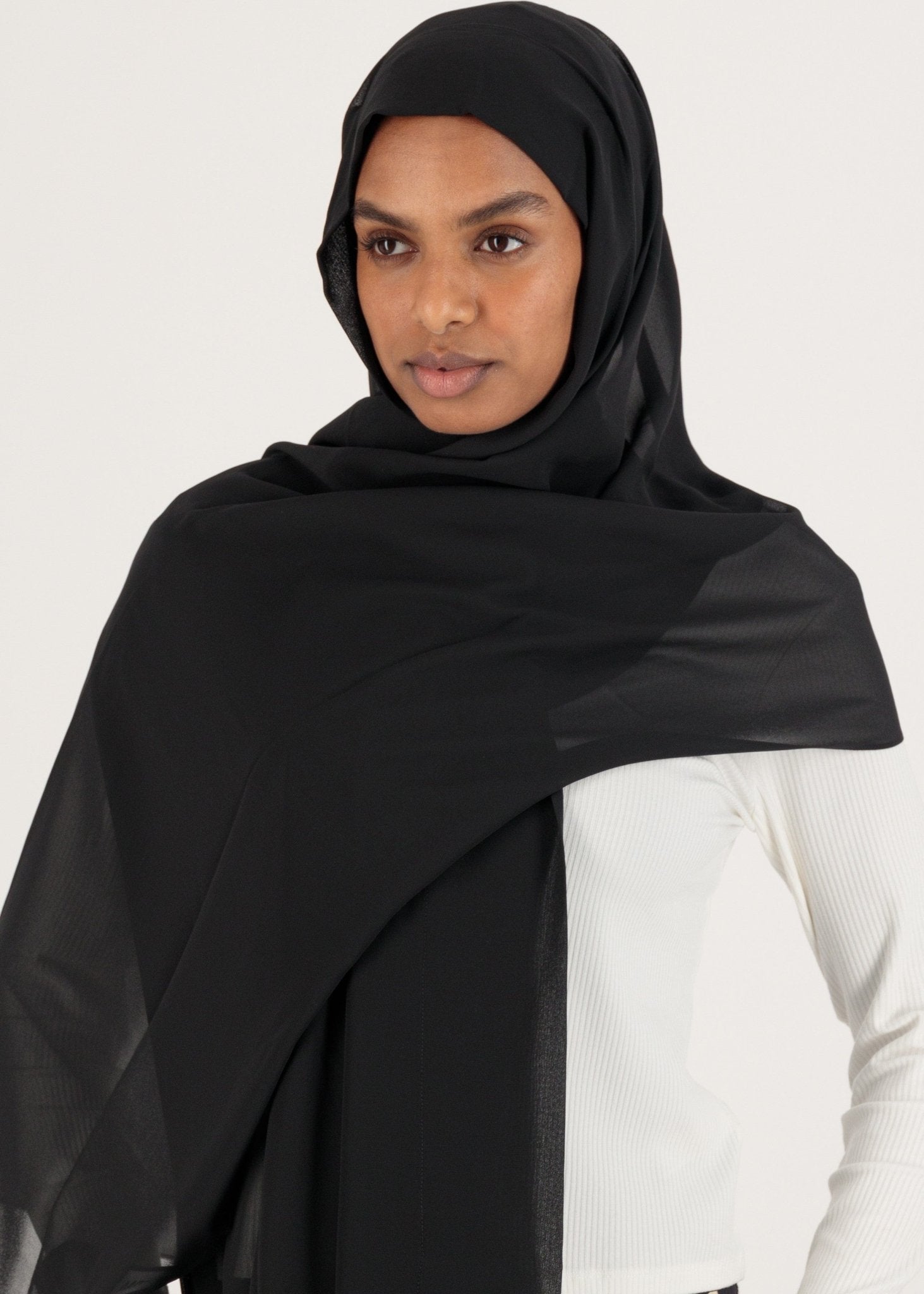 Chiffon Hijab With Stitched full Neck Cotton Undercap | Instant Hijab | Black - MOLLTE