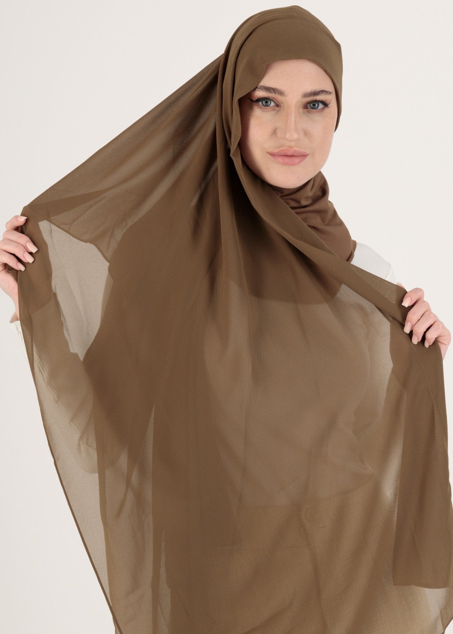 Chiffon Hijab With Stitched full Neck Cotton Undercap | Instant Hijab | Bronze Brown - MOLLTE