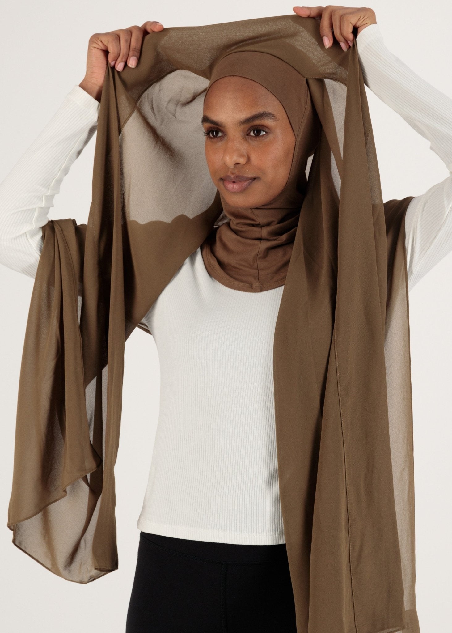 Chiffon Hijab With Stitched full Neck Cotton Undercap | Instant Hijab | Bronze Brown - MOLLTE