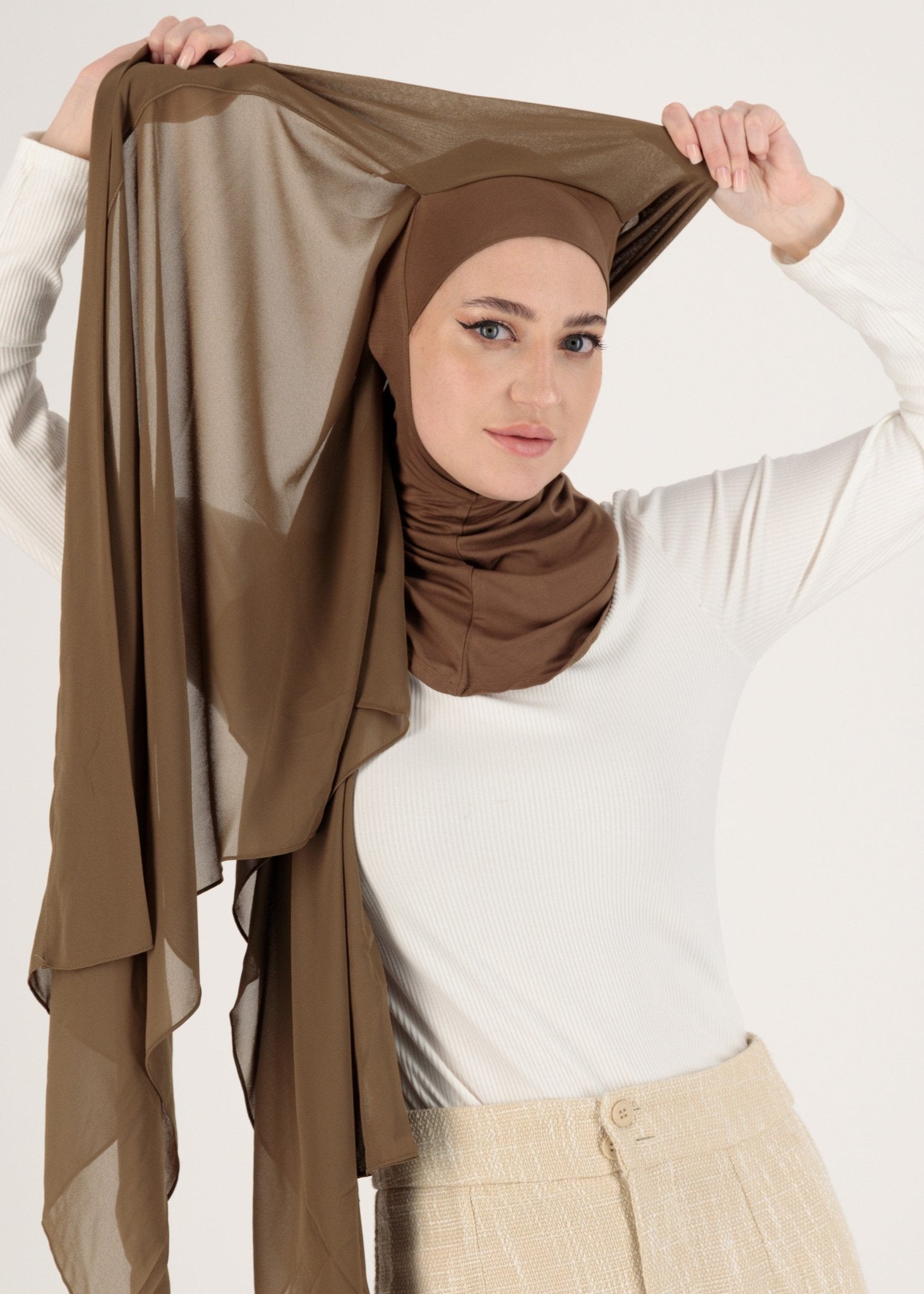 Chiffon Hijab With Stitched full Neck Cotton Undercap | Instant Hijab | Bronze Brown - MOLLTE