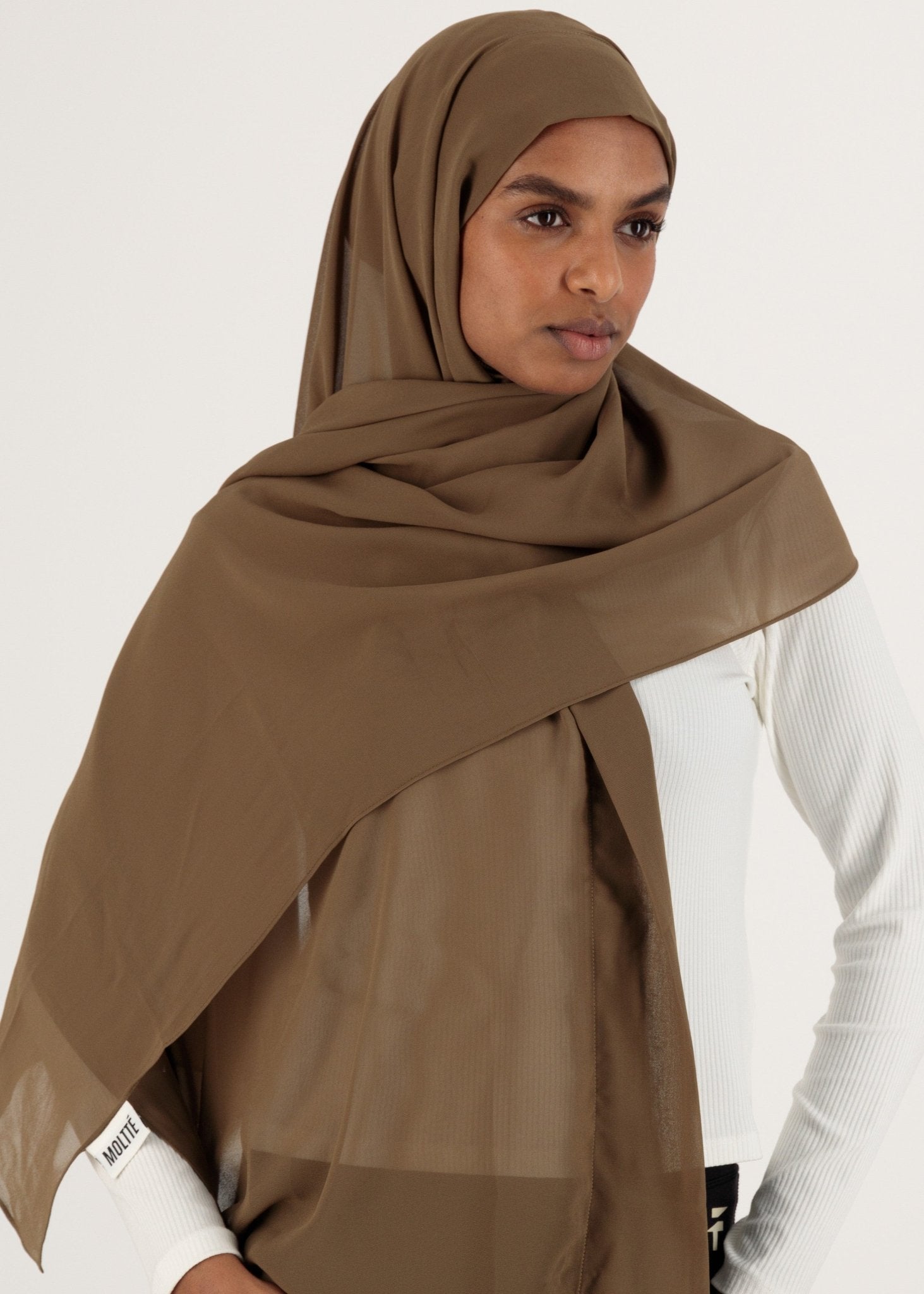 Chiffon Hijab With Stitched full Neck Cotton Undercap | Instant Hijab | Bronze Brown - MOLLTE