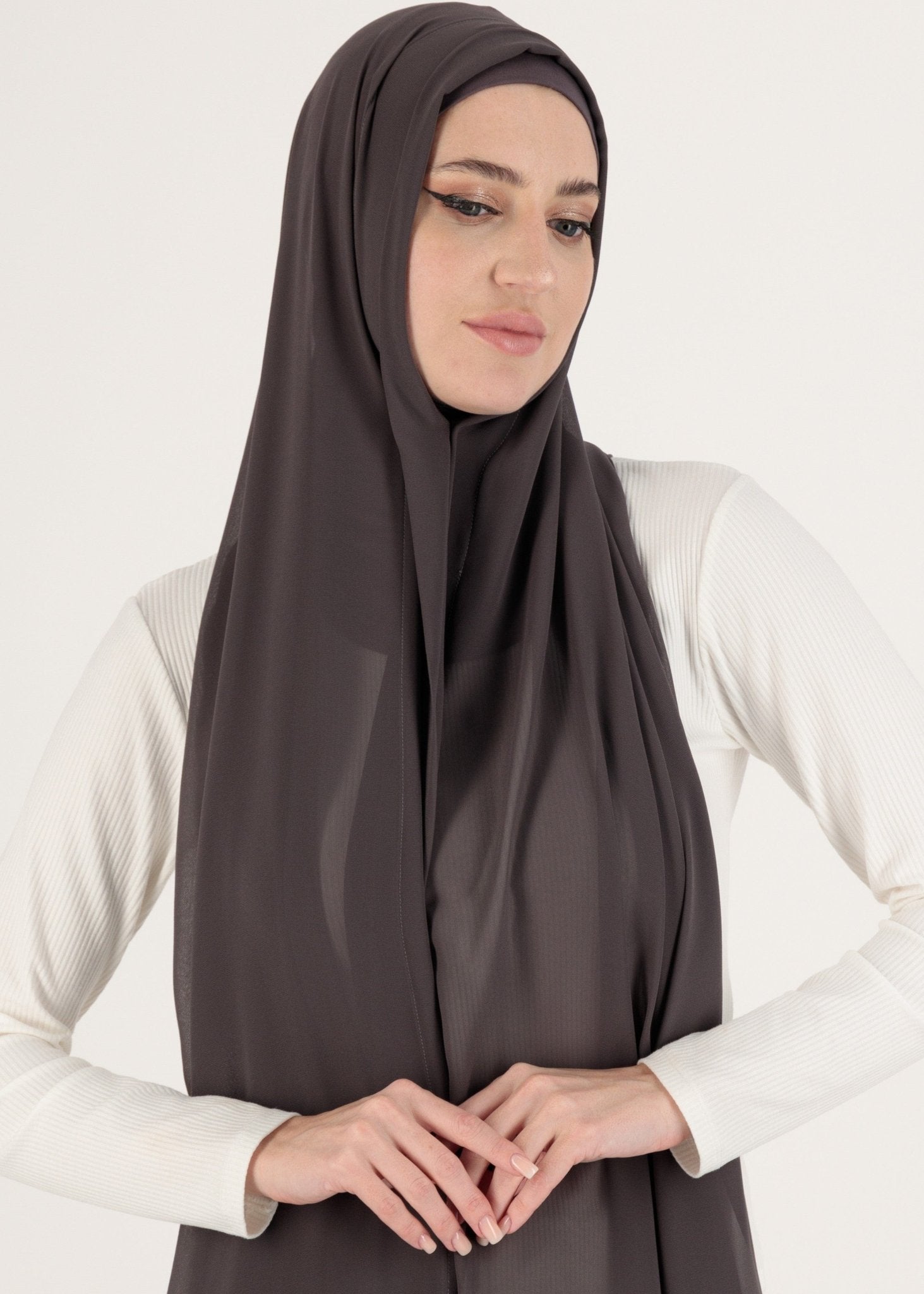 Chiffon Hijab With Stitched full Neck Cotton Undercap | Instant Hijab | Charcoal gray - MOLLTE