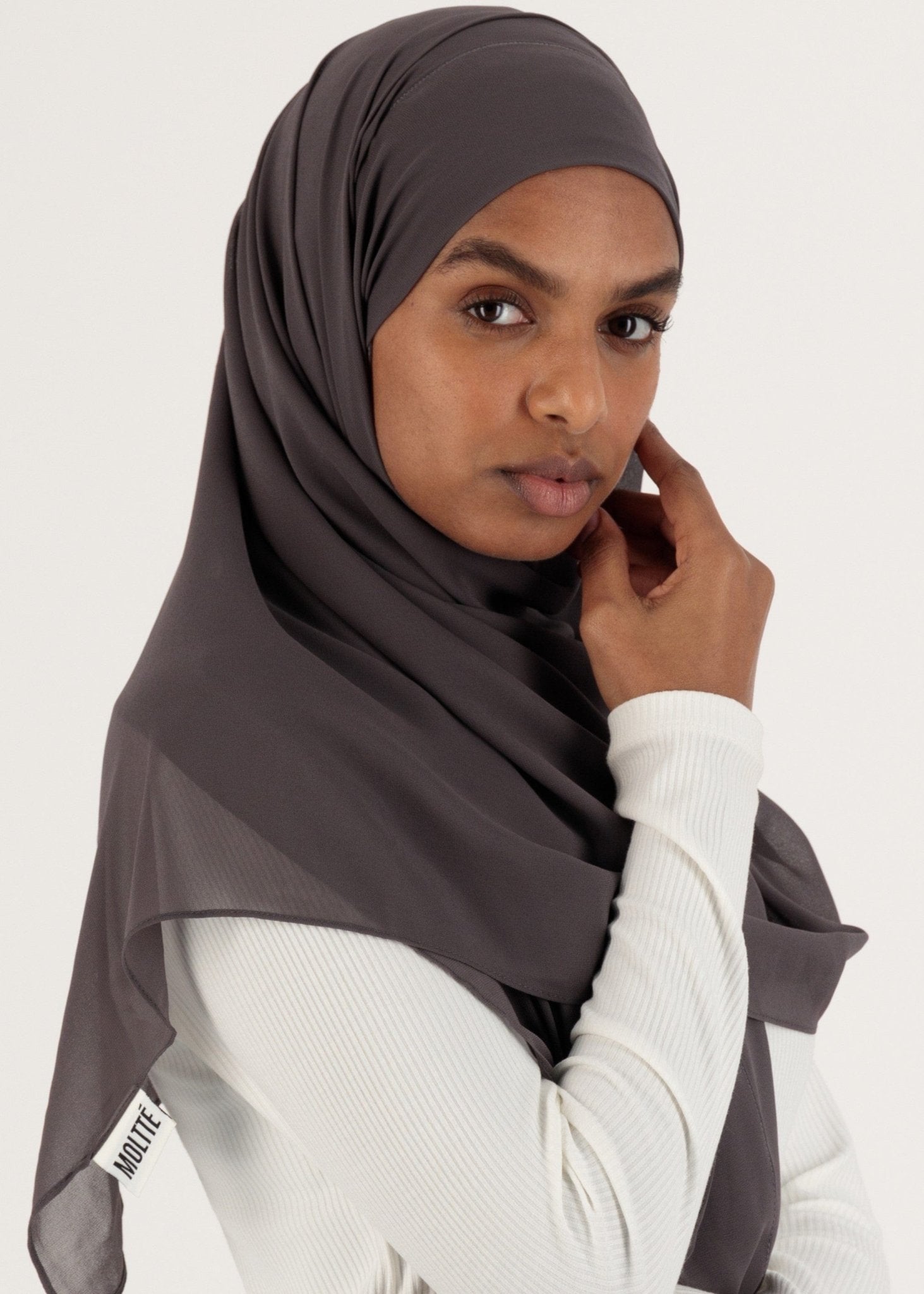 Chiffon Hijab With Stitched full Neck Cotton Undercap | Instant Hijab | Charcoal gray - MOLLTE