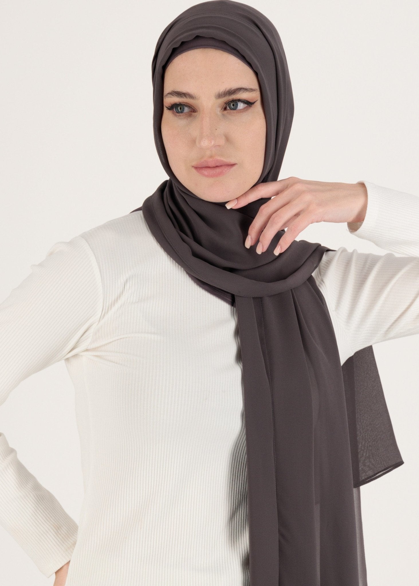 Chiffon Hijab With Stitched full Neck Cotton Undercap | Instant Hijab | Charcoal gray - MOLLTE