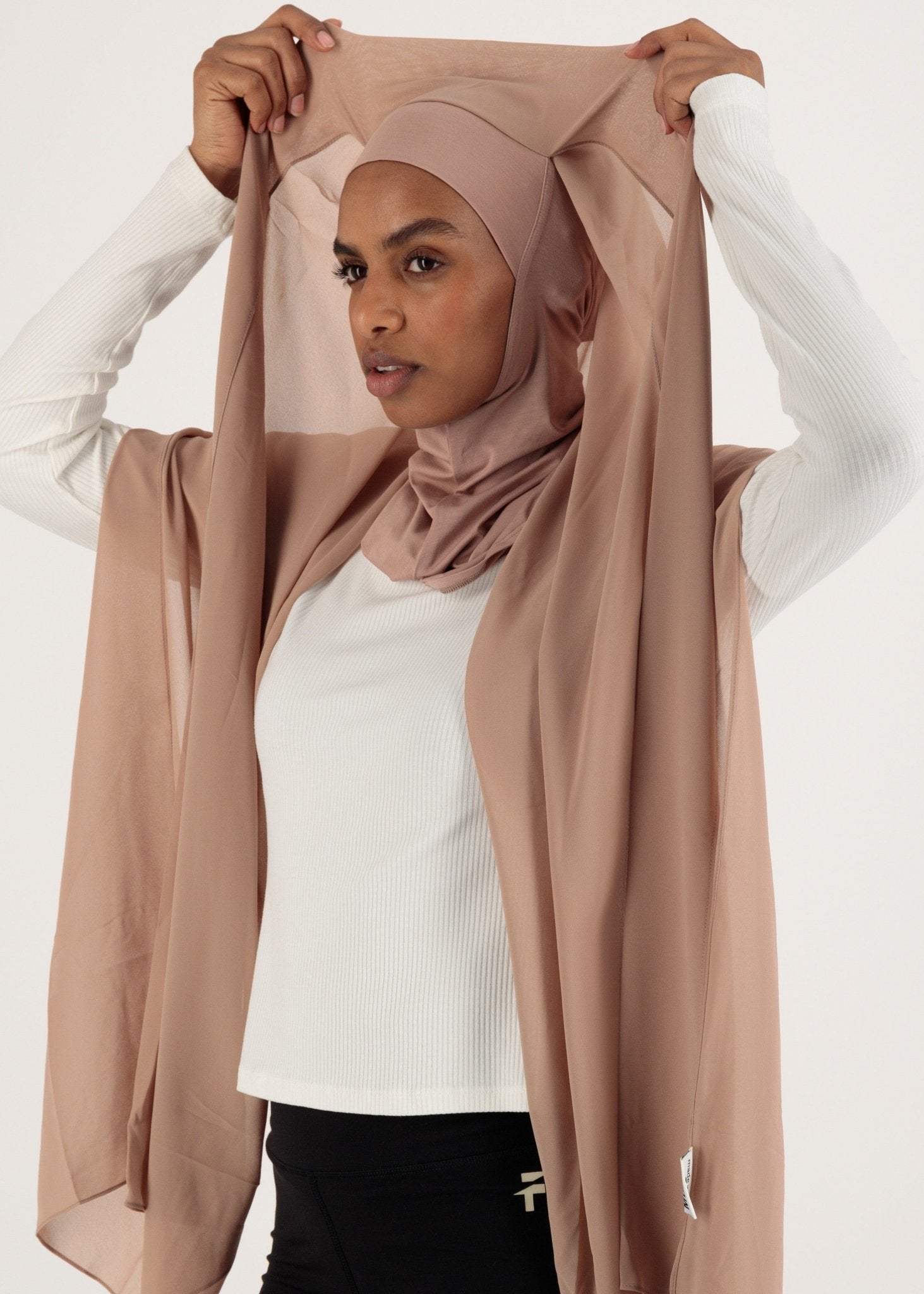 Chiffon Hijab With Stitched full Neck Cotton Undercap | Instant Hijab | Desert Sand - MOLLTE