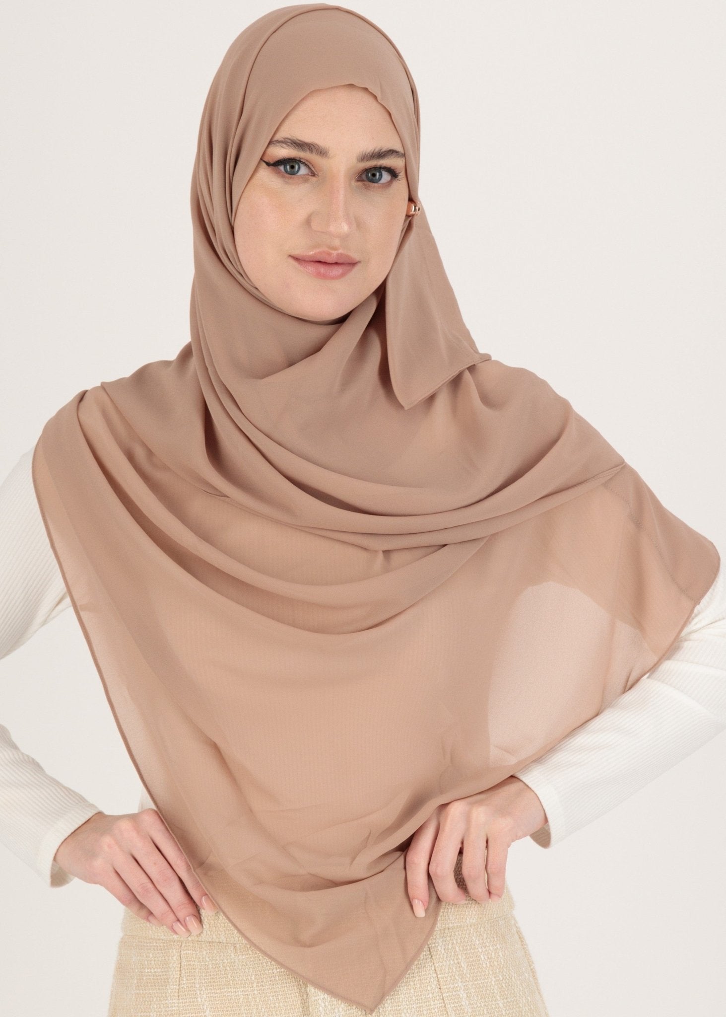 Chiffon Hijab With Stitched full Neck Cotton Undercap | Instant Hijab | Desert Sand - MOLLTE