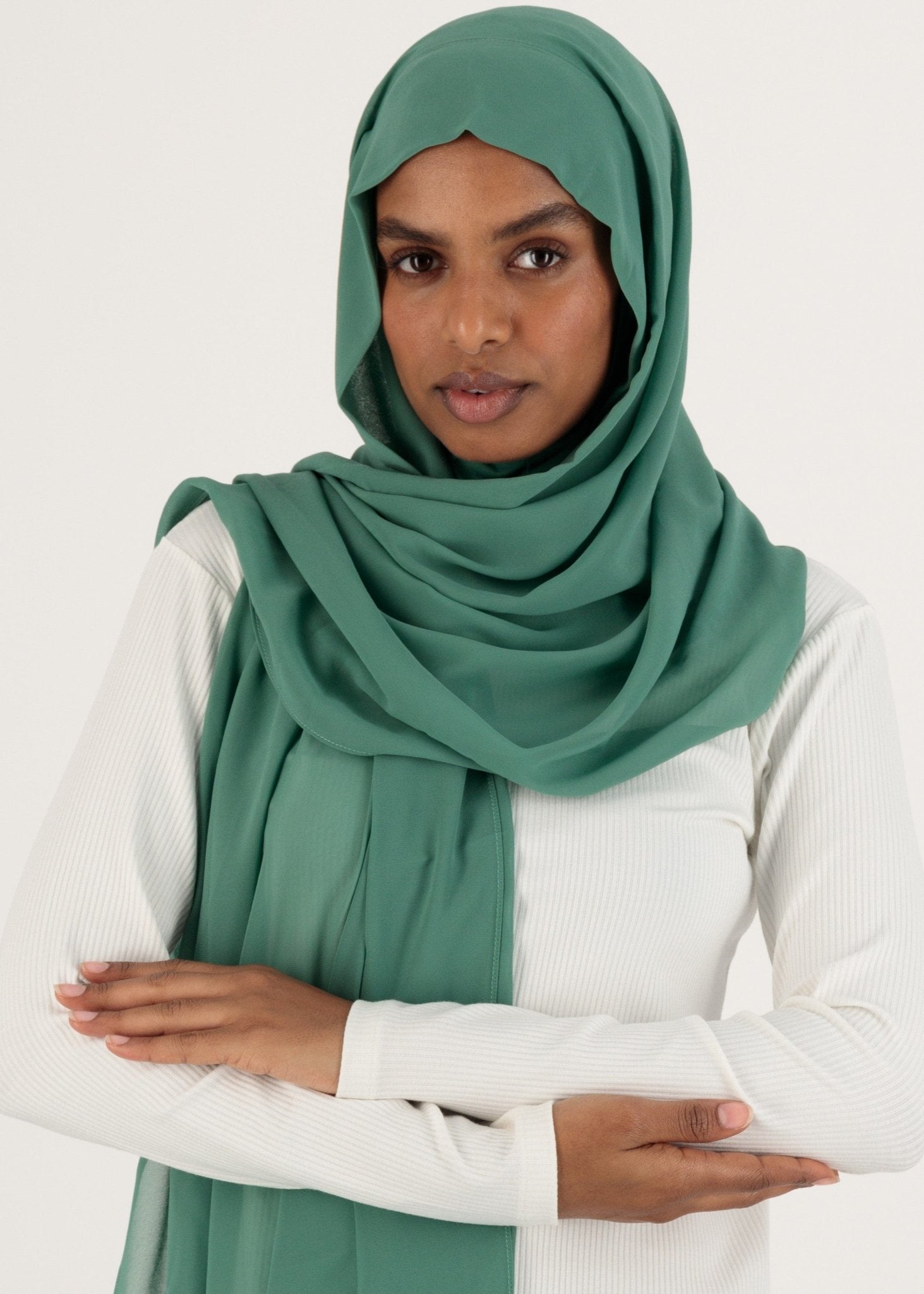 Chiffon Hijab With Stitched full Neck Cotton Undercap | Instant Hijab | Green - MOLLTE