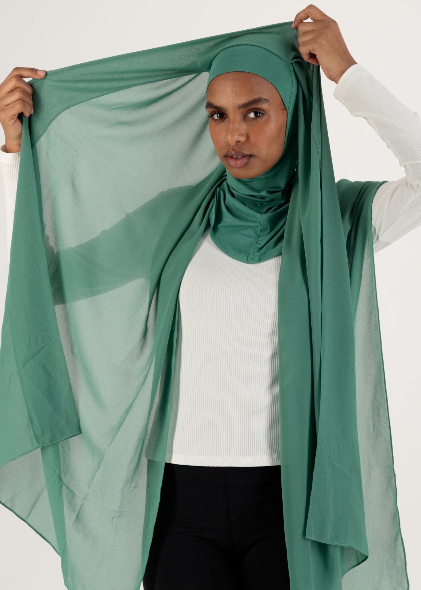 Chiffon Hijab With Stitched full Neck Cotton Undercap | Instant Hijab | Green - MOLLTE