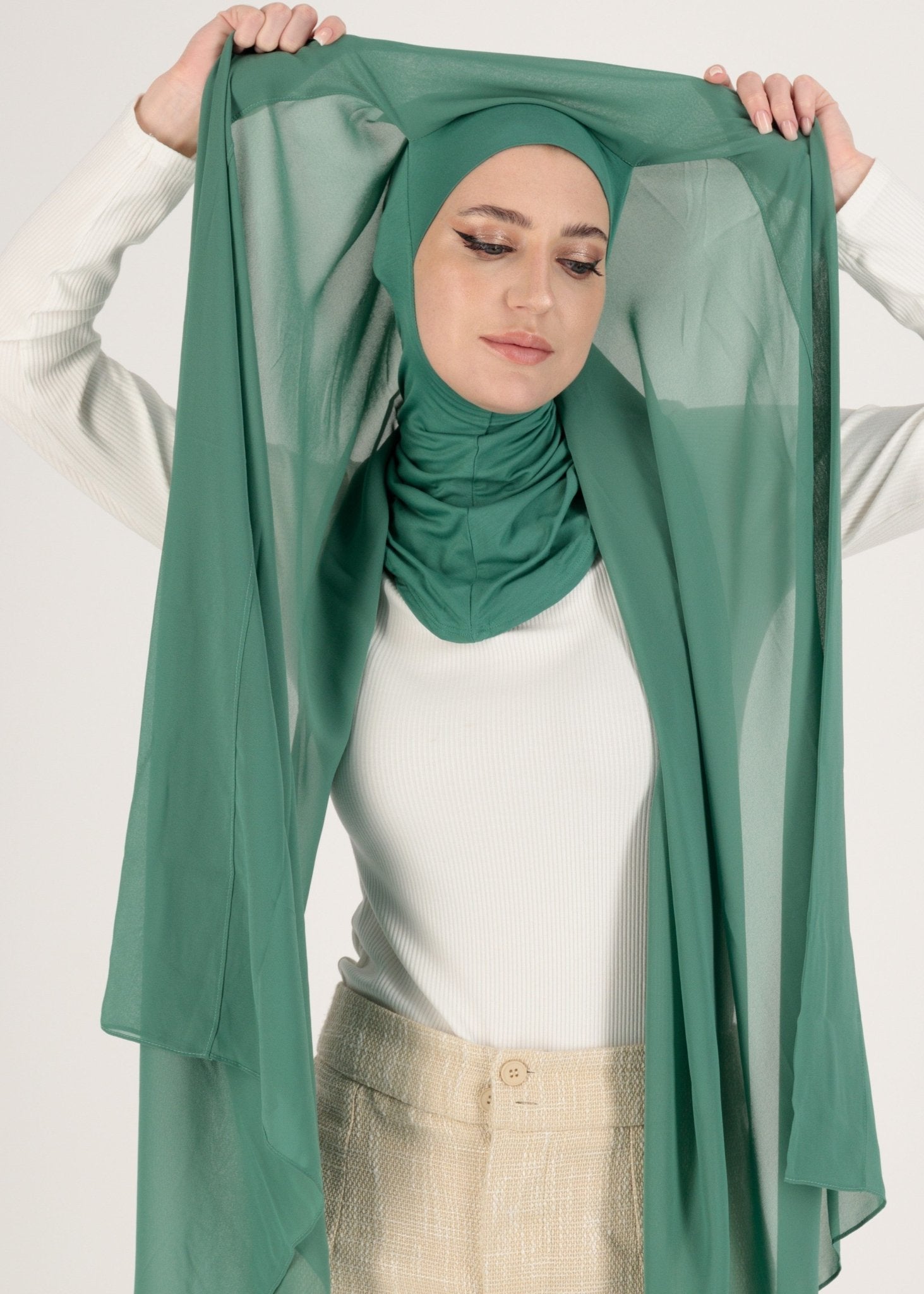 Chiffon Hijab With Stitched full Neck Cotton Undercap | Instant Hijab | Green - MOLLTE