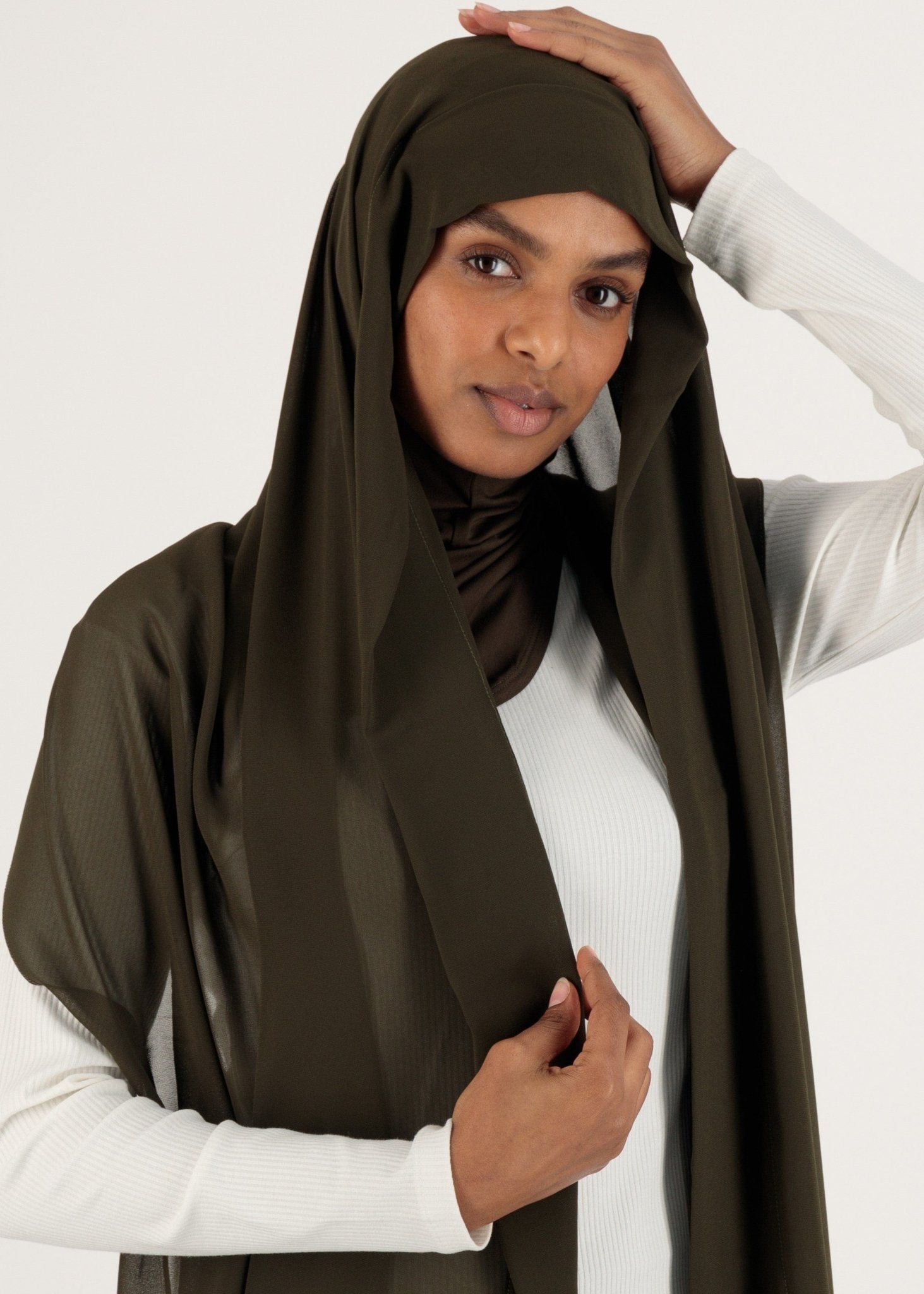 Chiffon Hijab With Stitched full Neck Cotton Undercap | Instant Hijab | Green Kelp - MOLLTE