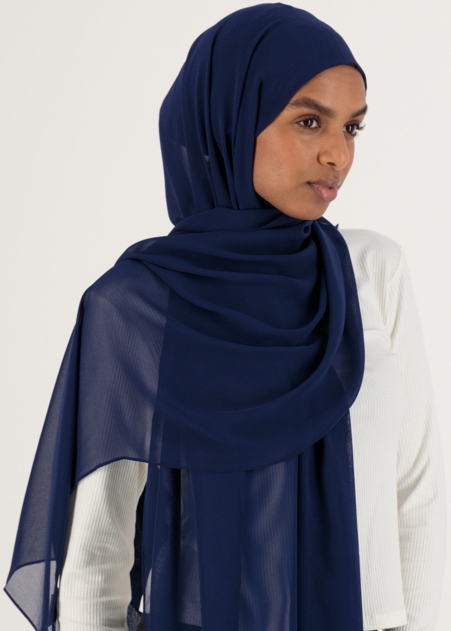 Chiffon Hijab With Stitched full Neck Cotton Undercap | Instant Hijab | Navy Blue - MOLLTE