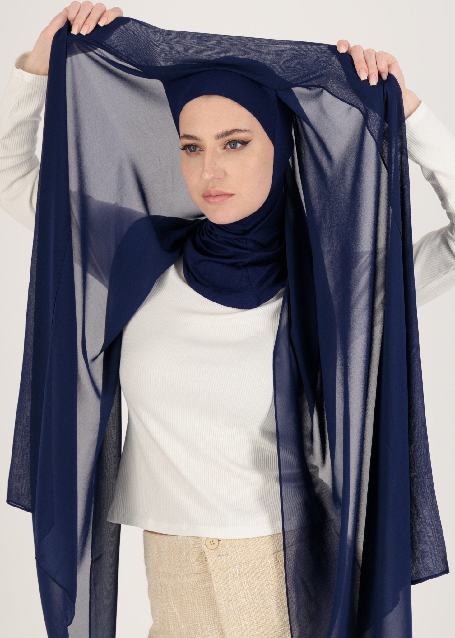 Chiffon Hijab With Stitched full Neck Cotton Undercap | Instant Hijab | Navy Blue - MOLLTE