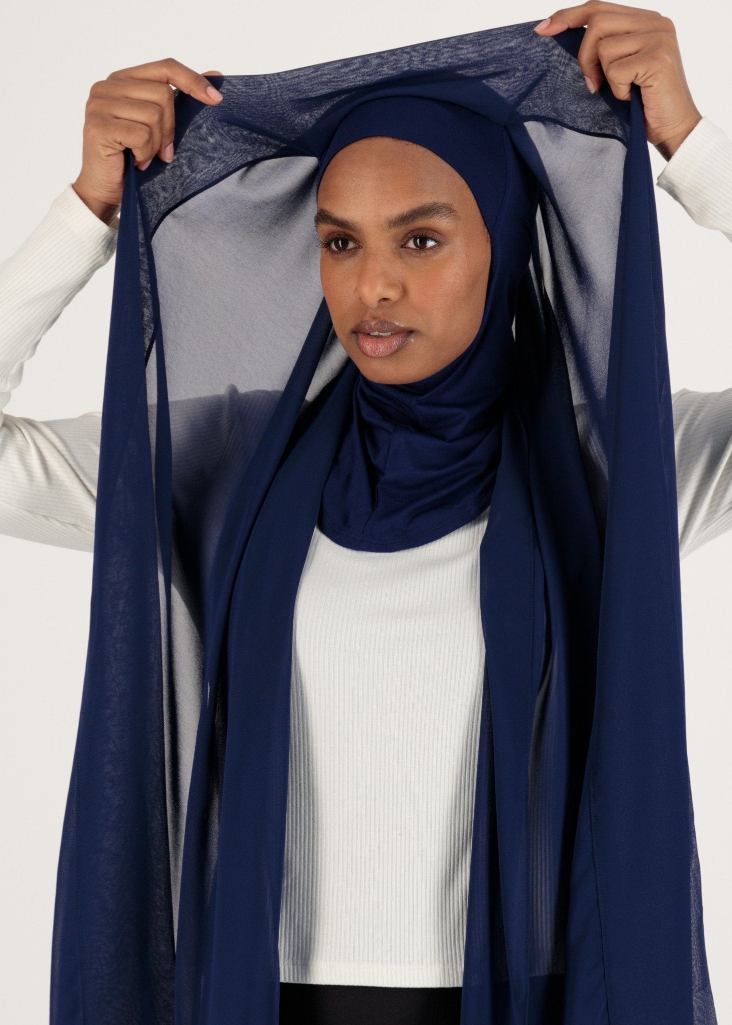 Chiffon Hijab With Stitched full Neck Cotton Undercap | Instant Hijab | Navy Blue - MOLLTE