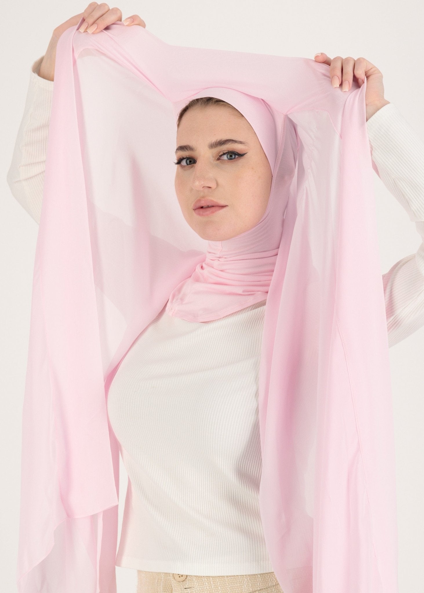 Chiffon Hijab With Stitched full Neck Cotton Undercap | Instant Hijab | Pale Rose - MOLLTE