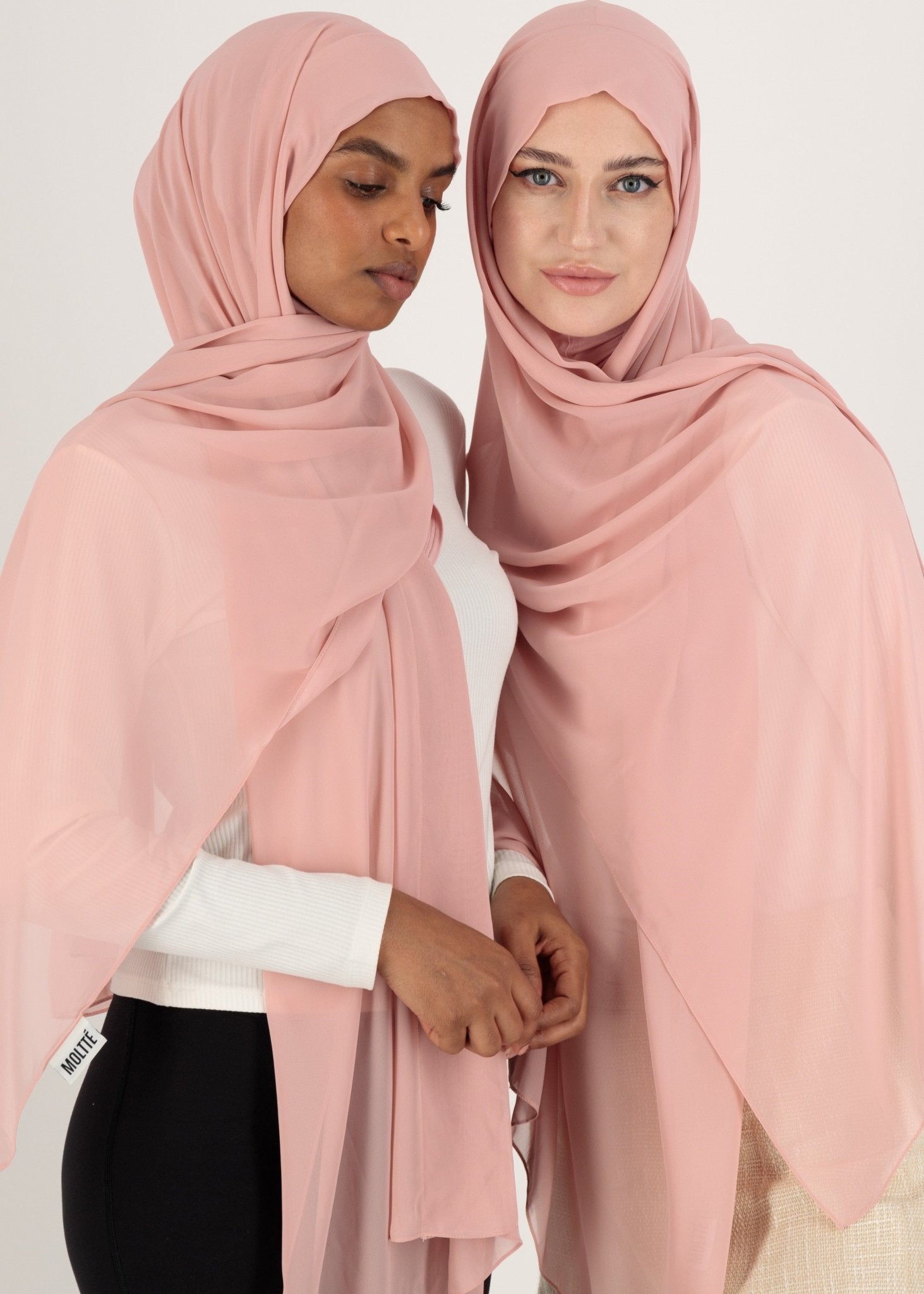 Chiffon Hijab With Stitched full Neck Cotton Undercap | Instant Hijab | Peachy pink - MOLLTE