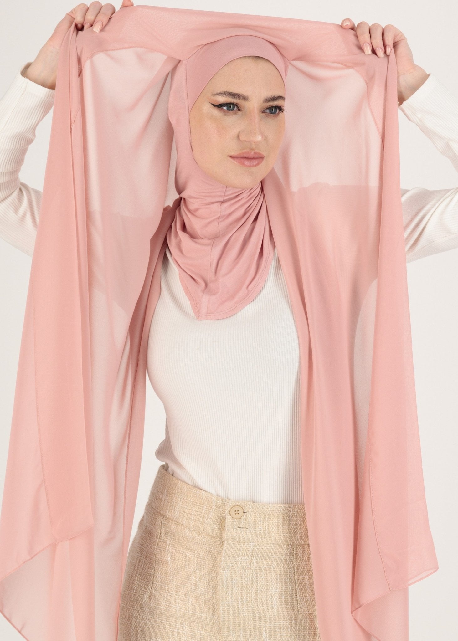 Chiffon Hijab With Stitched full Neck Cotton Undercap | Instant Hijab | Peachy pink - MOLLTE