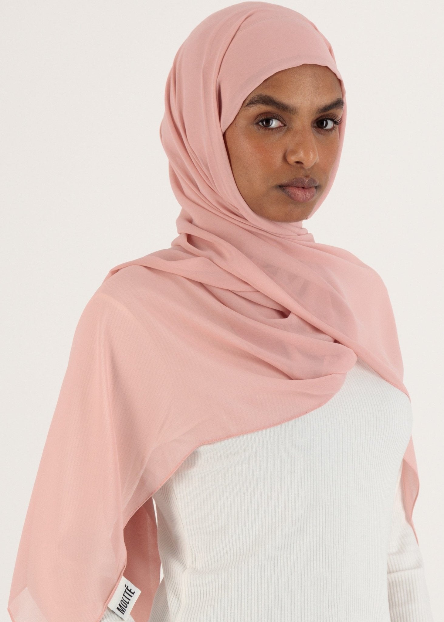 Chiffon Hijab With Stitched full Neck Cotton Undercap | Instant Hijab | Peachy pink - MOLLTE