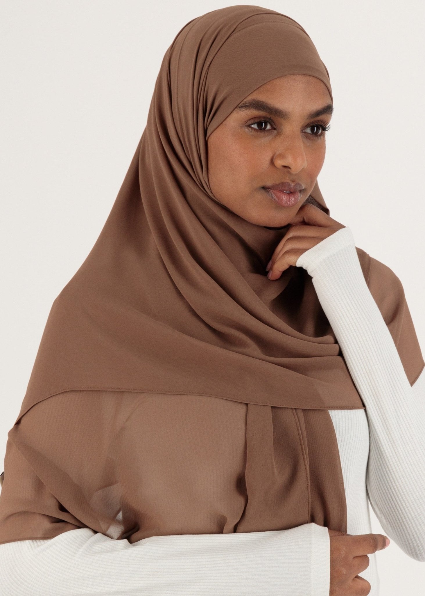 Chiffon Hijab With Stitched full Neck Cotton Undercap | Instant Hijab | Roasted Cocoa - MOLLTE