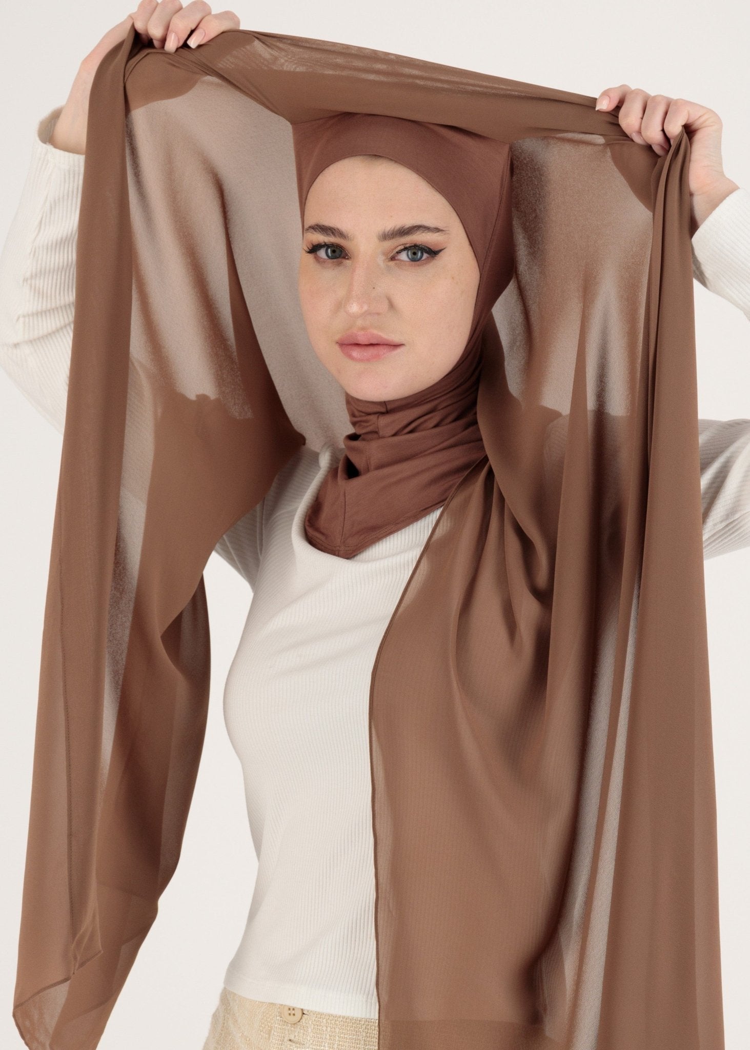 Chiffon Hijab With Stitched full Neck Cotton Undercap | Instant Hijab | Roasted Cocoa - MOLLTE