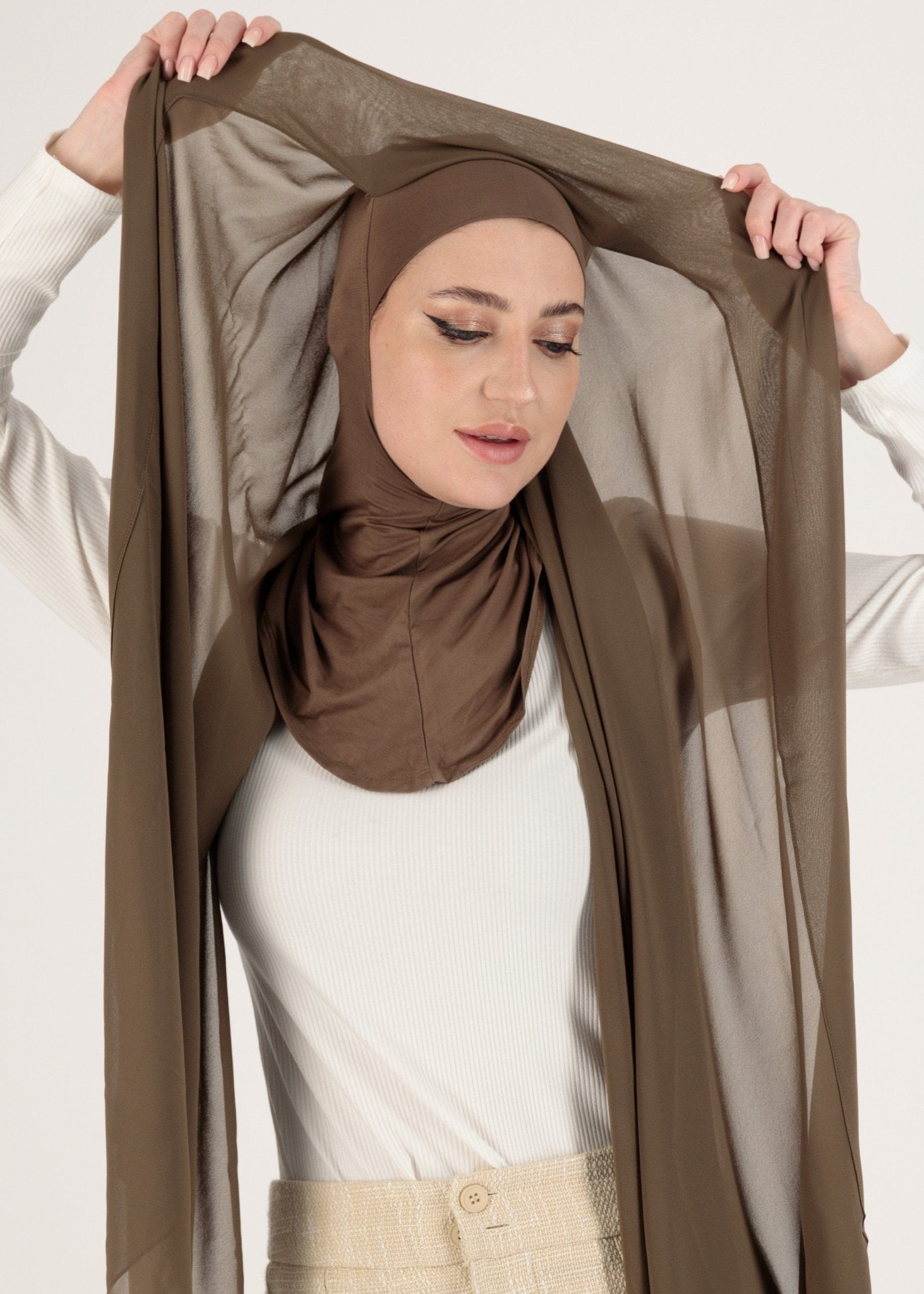 Chiffon Hijab With Stitched full Neck Cotton Undercap | Instant Hijab | Umber Brown - MOLLTE