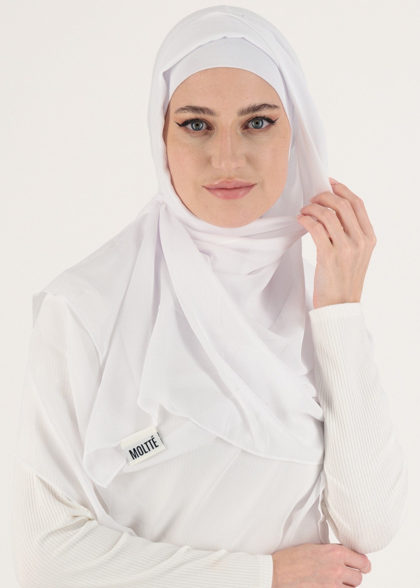 Chiffon Hijab With Stitched full Neck Cotton Undercap | Instant Hijab | White - MOLLTE