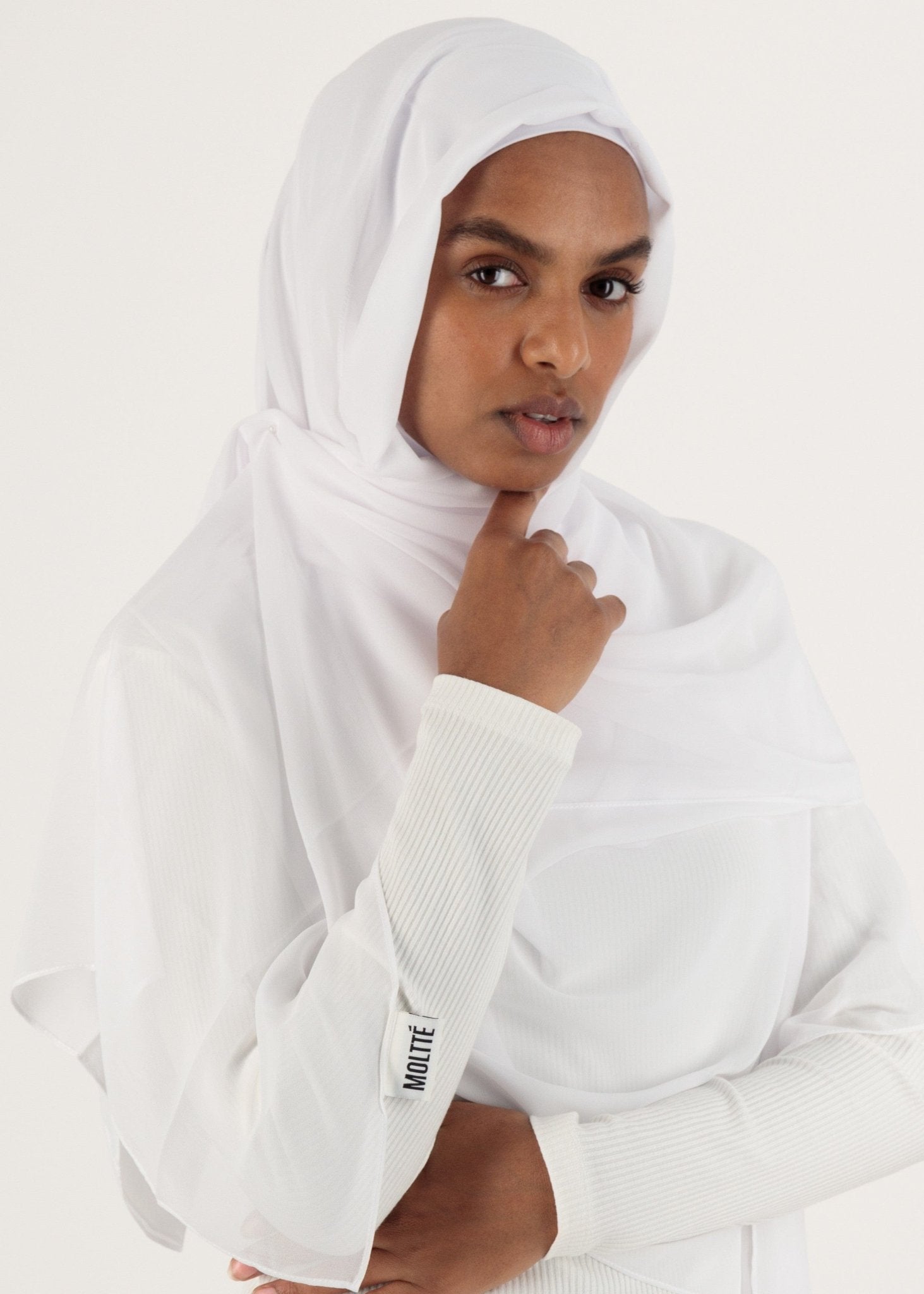 Chiffon Hijab With Stitched full Neck Cotton Undercap | Instant Hijab | White - MOLLTE